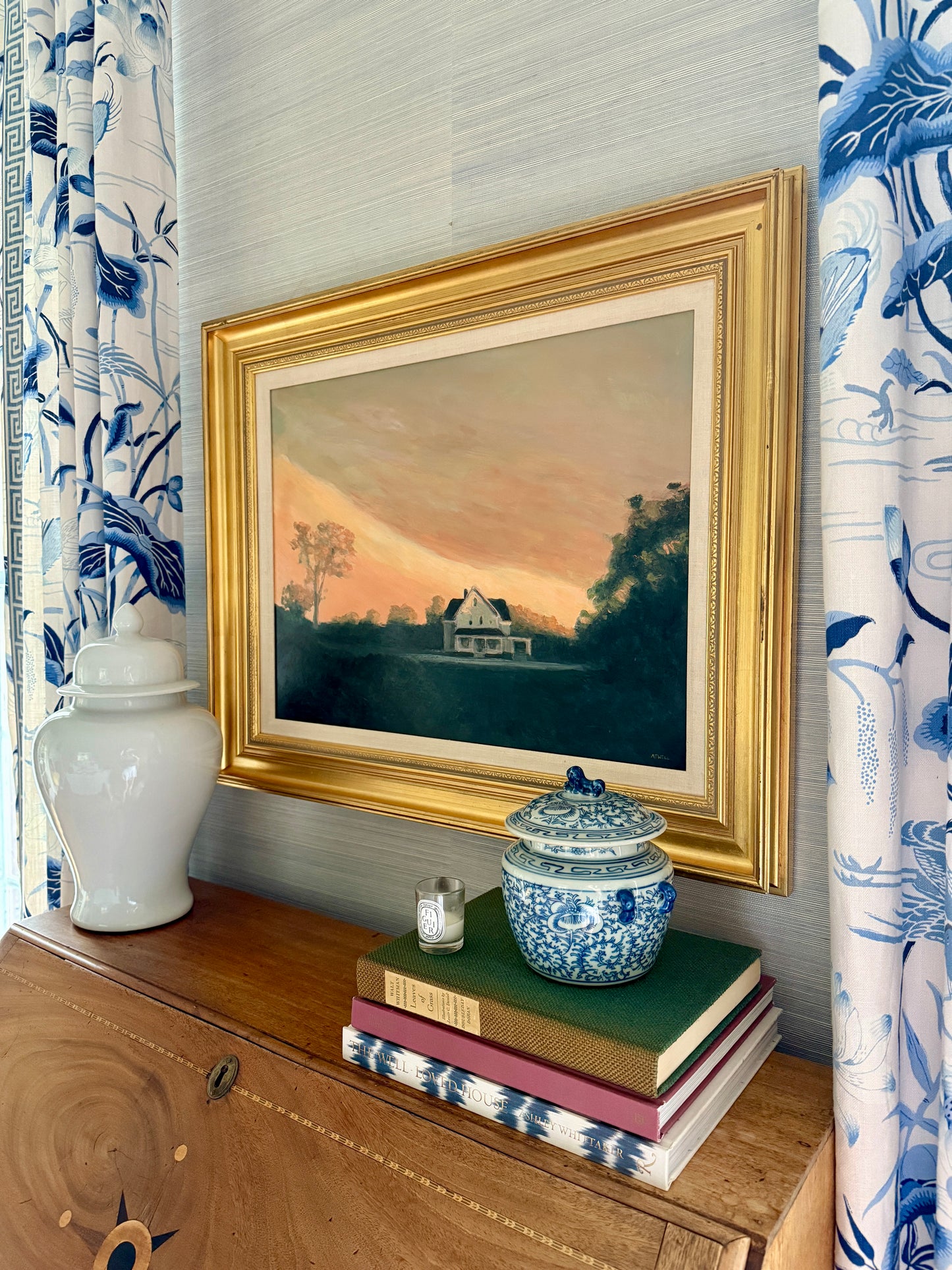 Luminous Country Farmhouse Landscape Sunset Oil Painting in Gold Frame