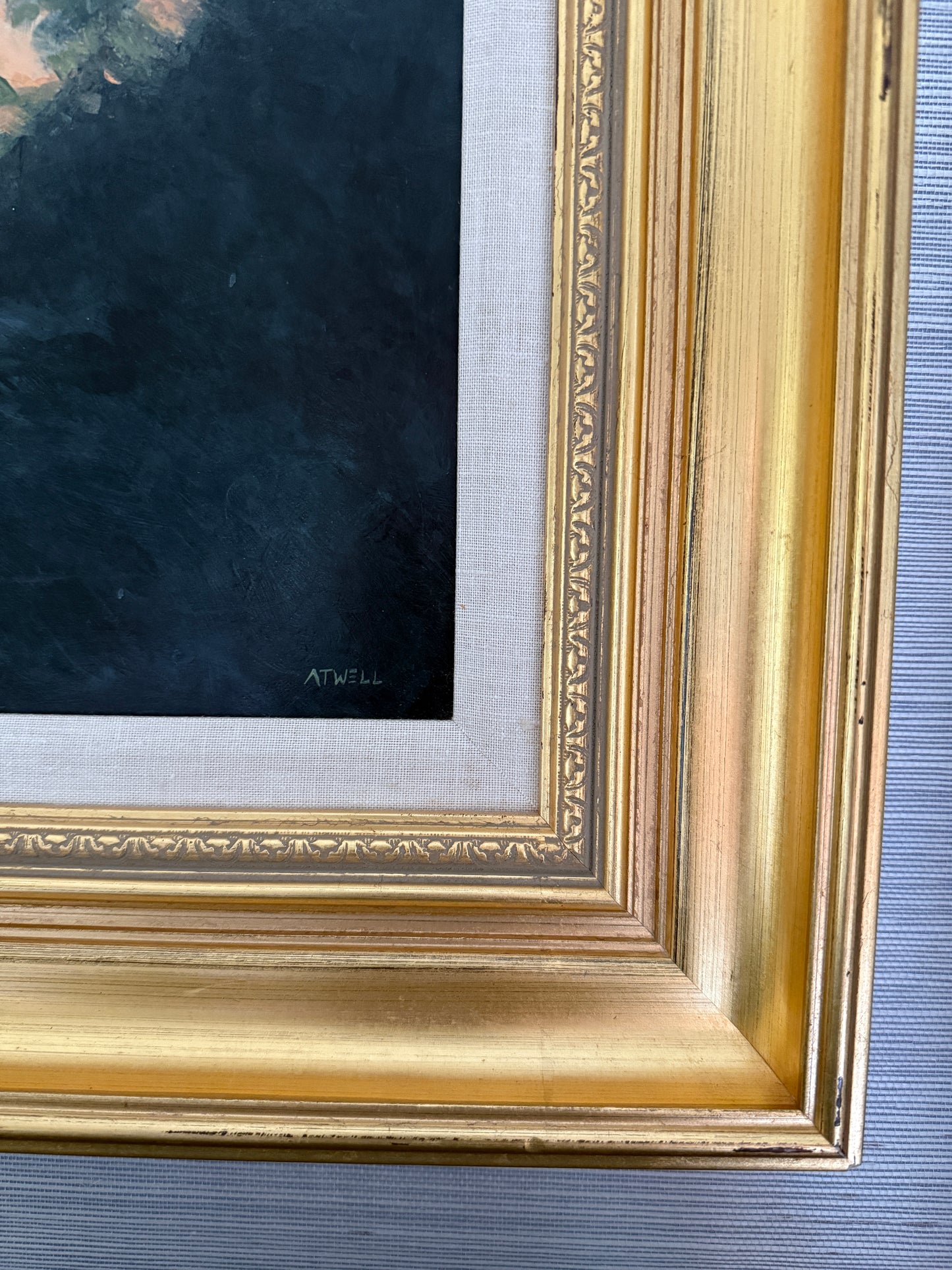 Luminous Country Farmhouse Landscape Sunset Oil Painting in Gold Frame