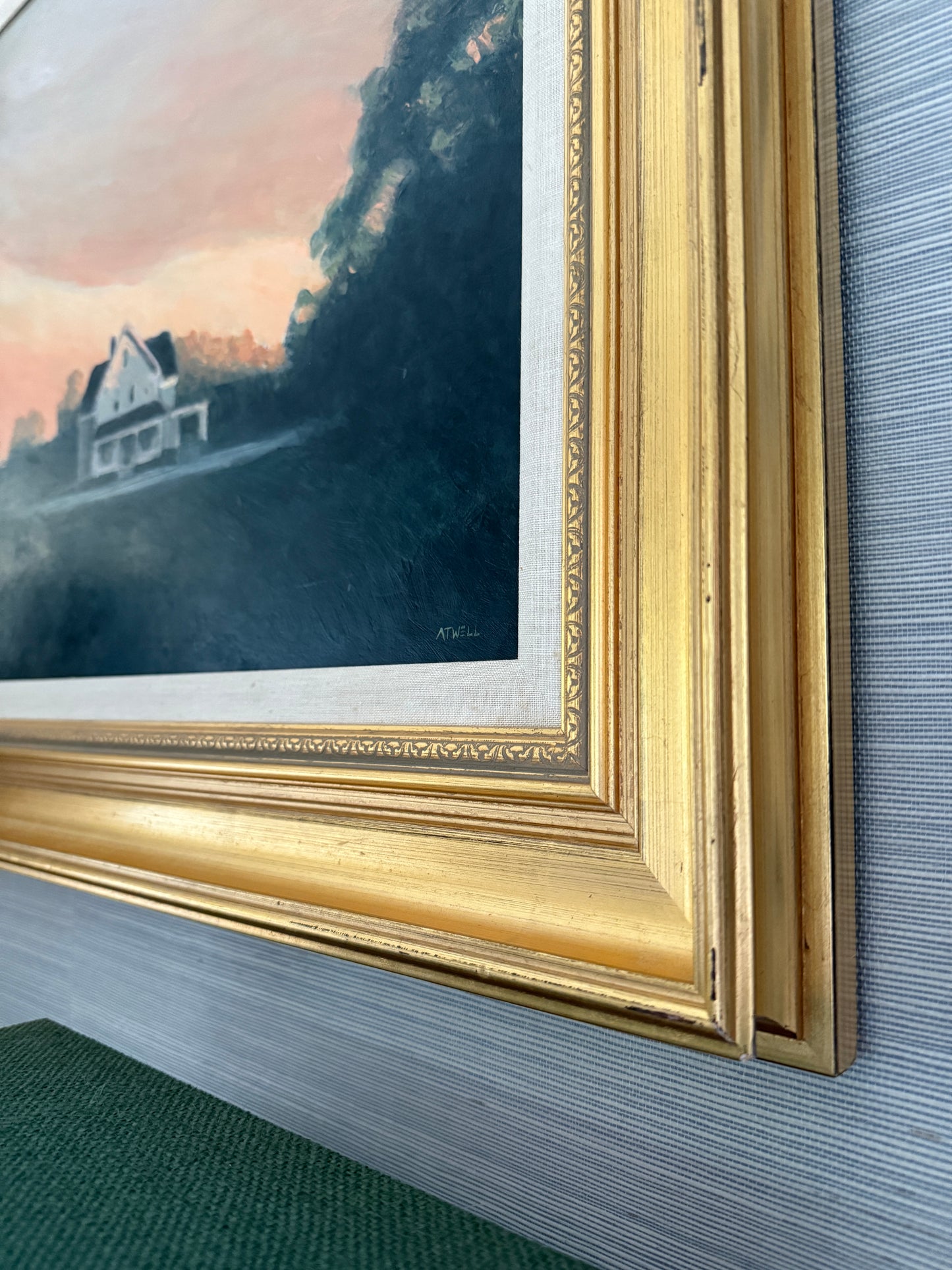 Luminous Country Farmhouse Landscape Sunset Oil Painting in Gold Frame