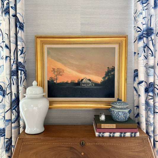 Luminous Country Farmhouse Landscape Sunset Oil Painting in Gold Frame