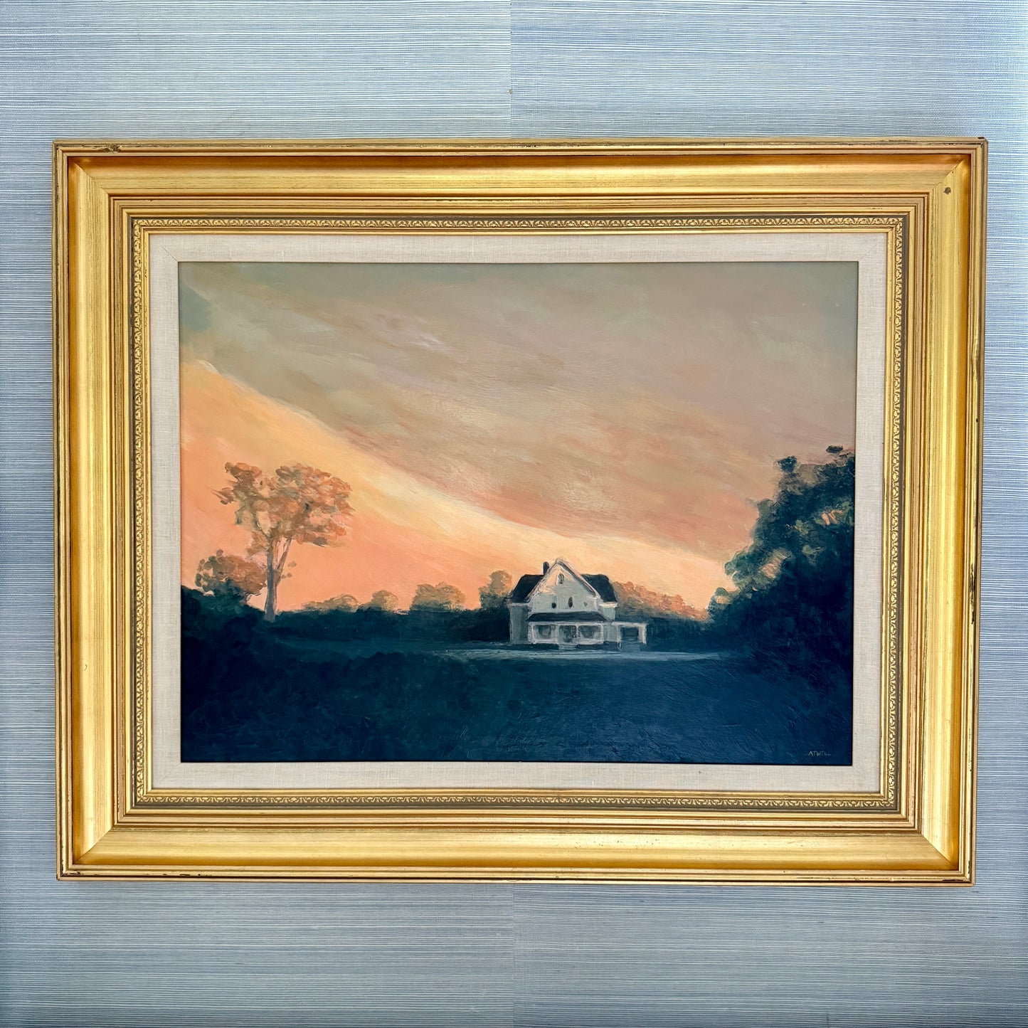 Luminous Country Farmhouse Landscape Sunset Oil Painting in Gold Frame