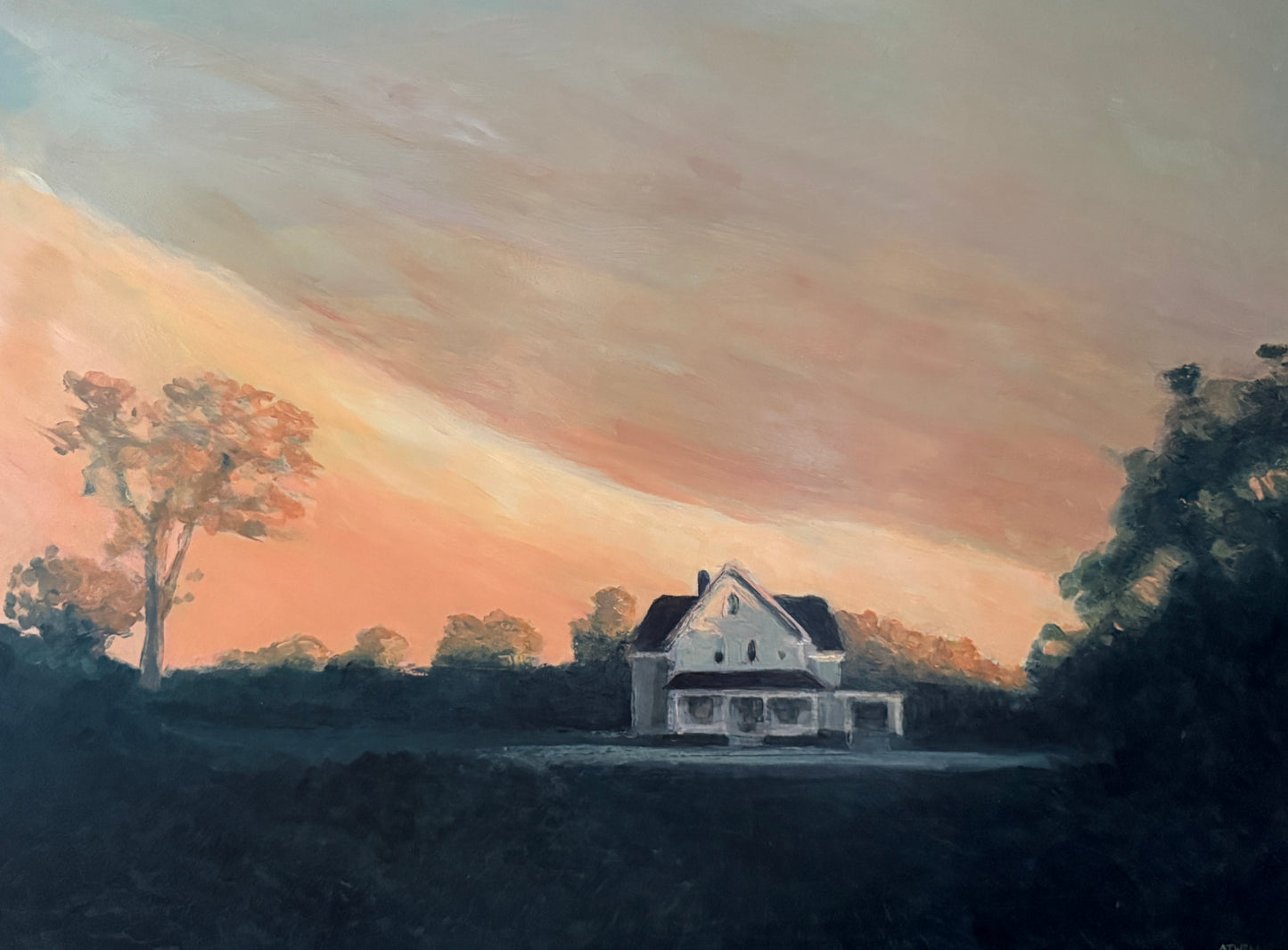 Luminous Country Farmhouse Landscape Sunset Oil Painting in Gold Frame