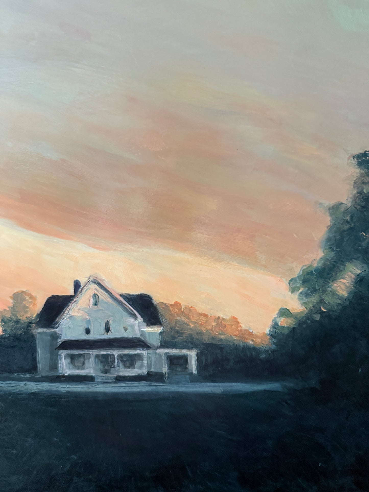 Luminous Country Farmhouse Landscape Sunset Oil Painting in Gold Frame
