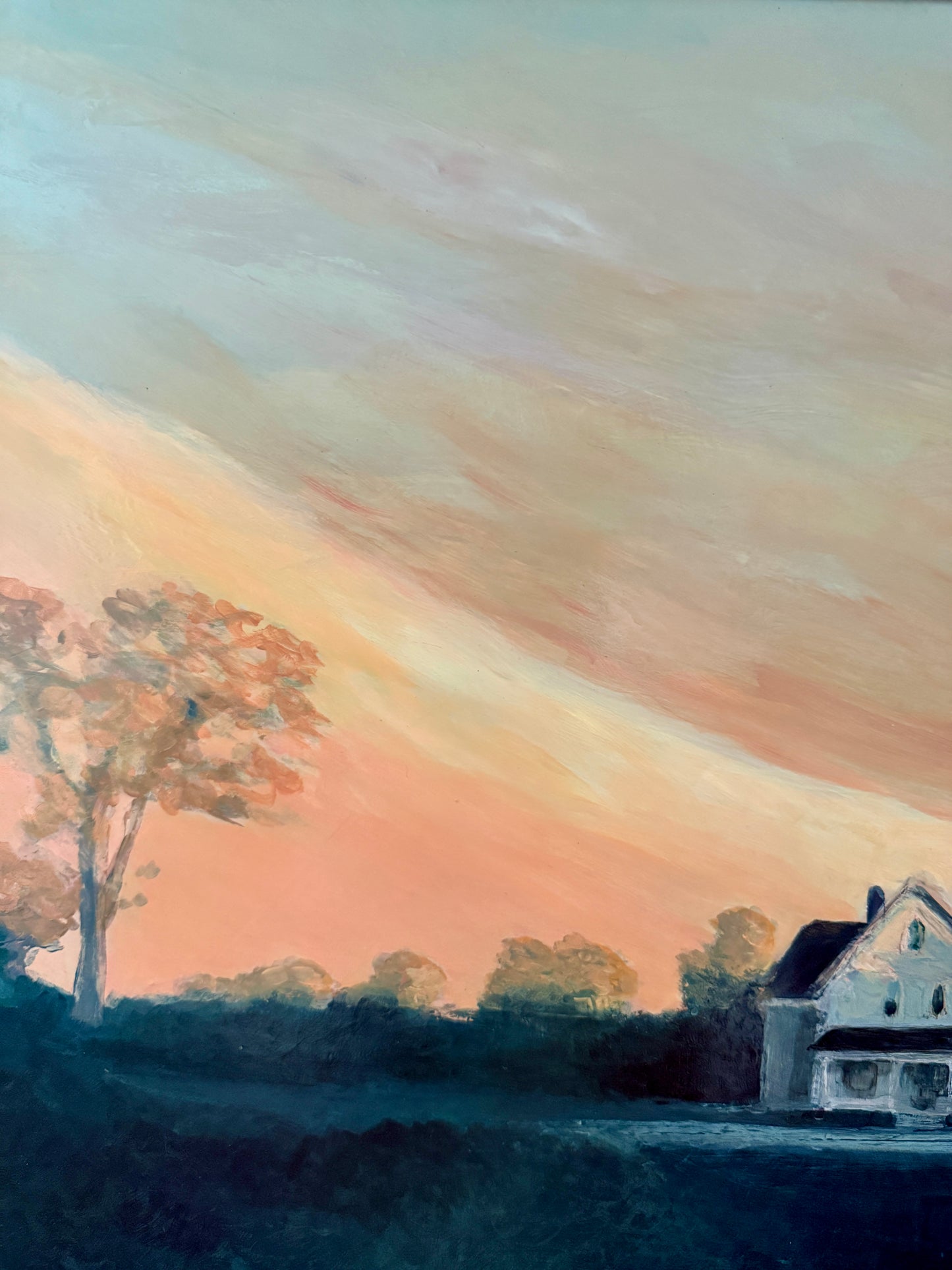 Luminous Country Farmhouse Landscape Sunset Oil Painting in Gold Frame