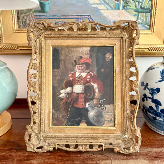 19th Century Continental Portrait of a Jolly Old Man Oil Painting in Antique Gold Frame