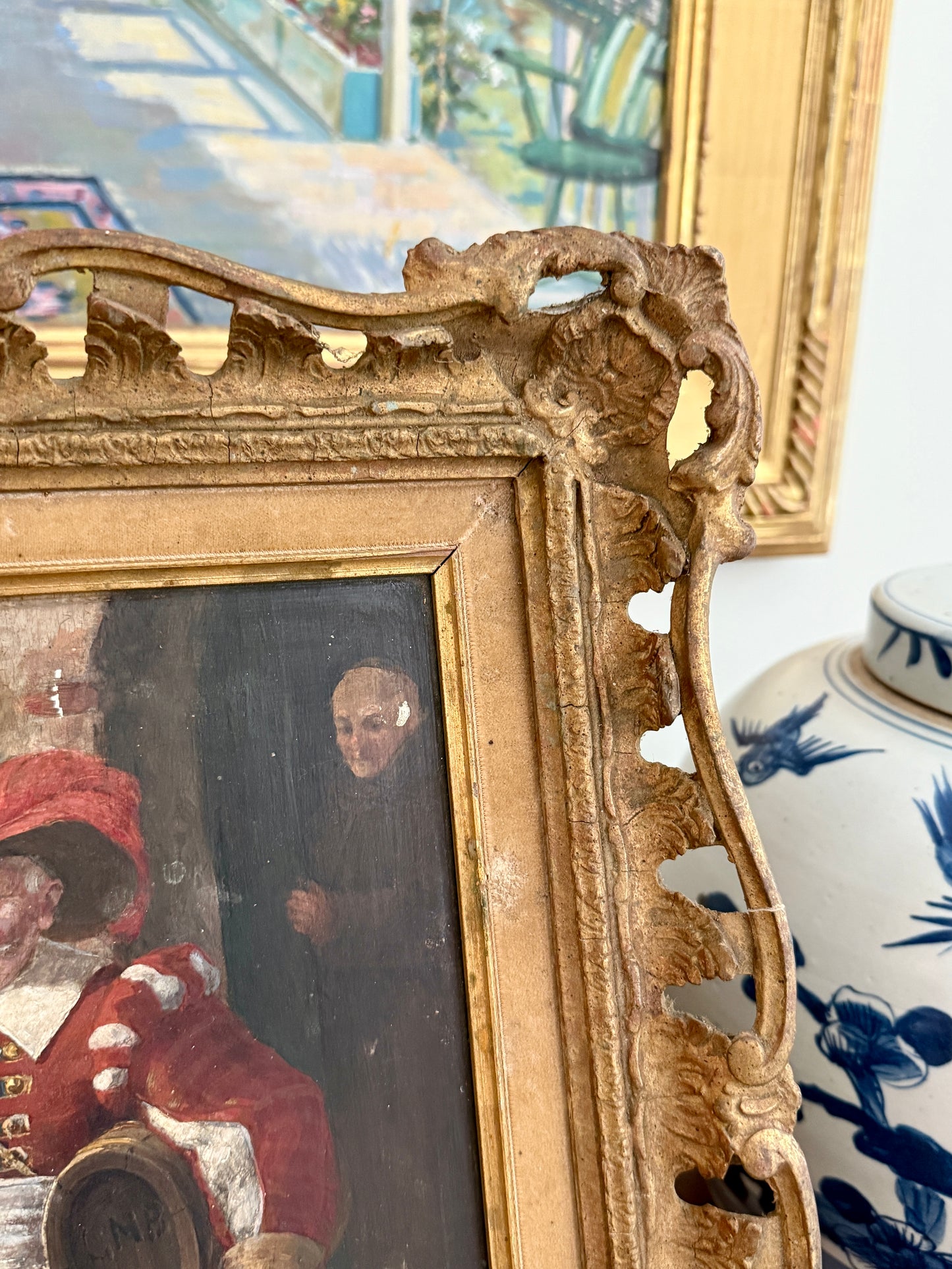 19th Century Continental Portrait of a Jolly Old Man Oil Painting in Antique Gold Frame
