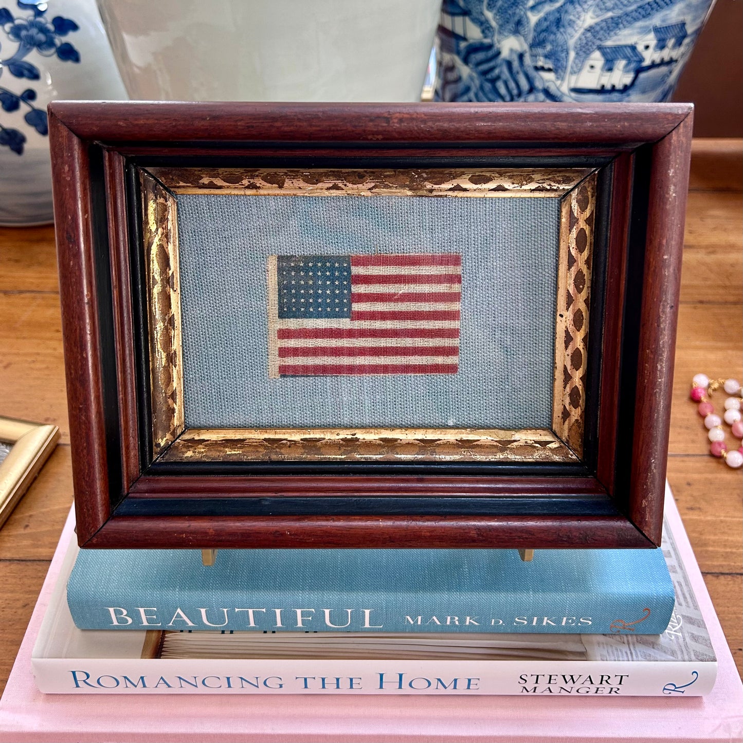 Antique 48 Star Glazed Cotton Parade Flag in 19th Century Deep Walnnut and Gilded Frame