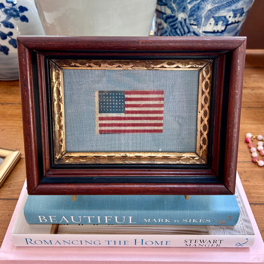 Antique 48 Star Glazed Cotton Parade Flag in 19th Century Deep Walnnut and Gilded Frame