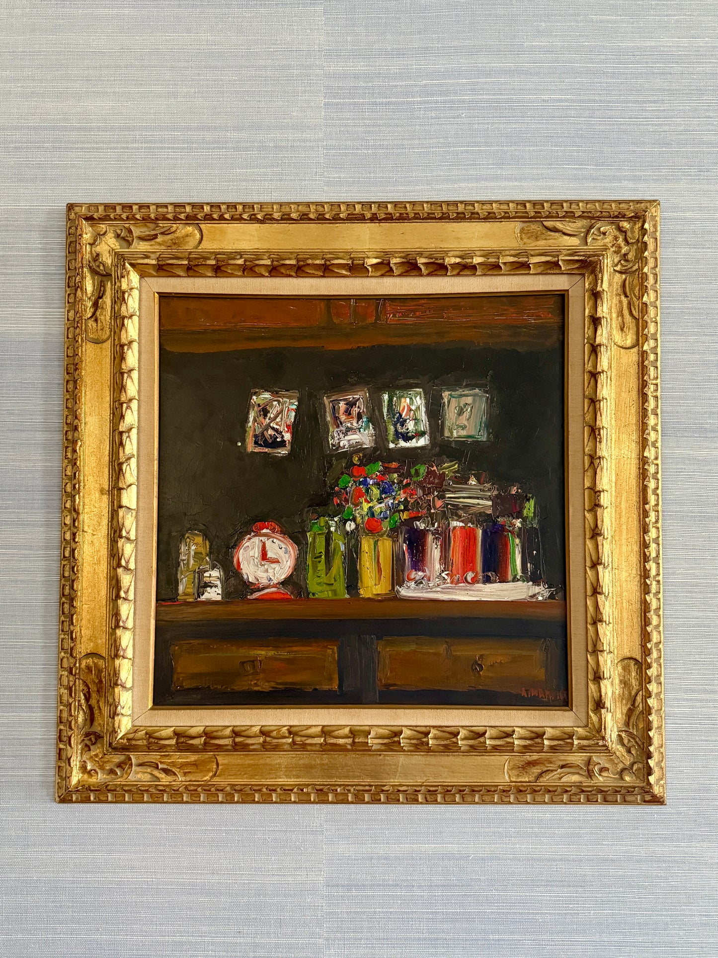Alain Mathiot Vintage French Expressionist Still Life Oil Painting in Ornate Gold Frame