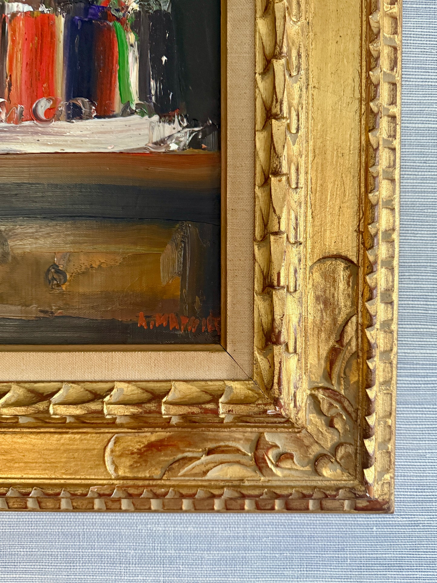Alain Mathiot Vintage French Expressionist Still Life Oil Painting in Ornate Gold Frame