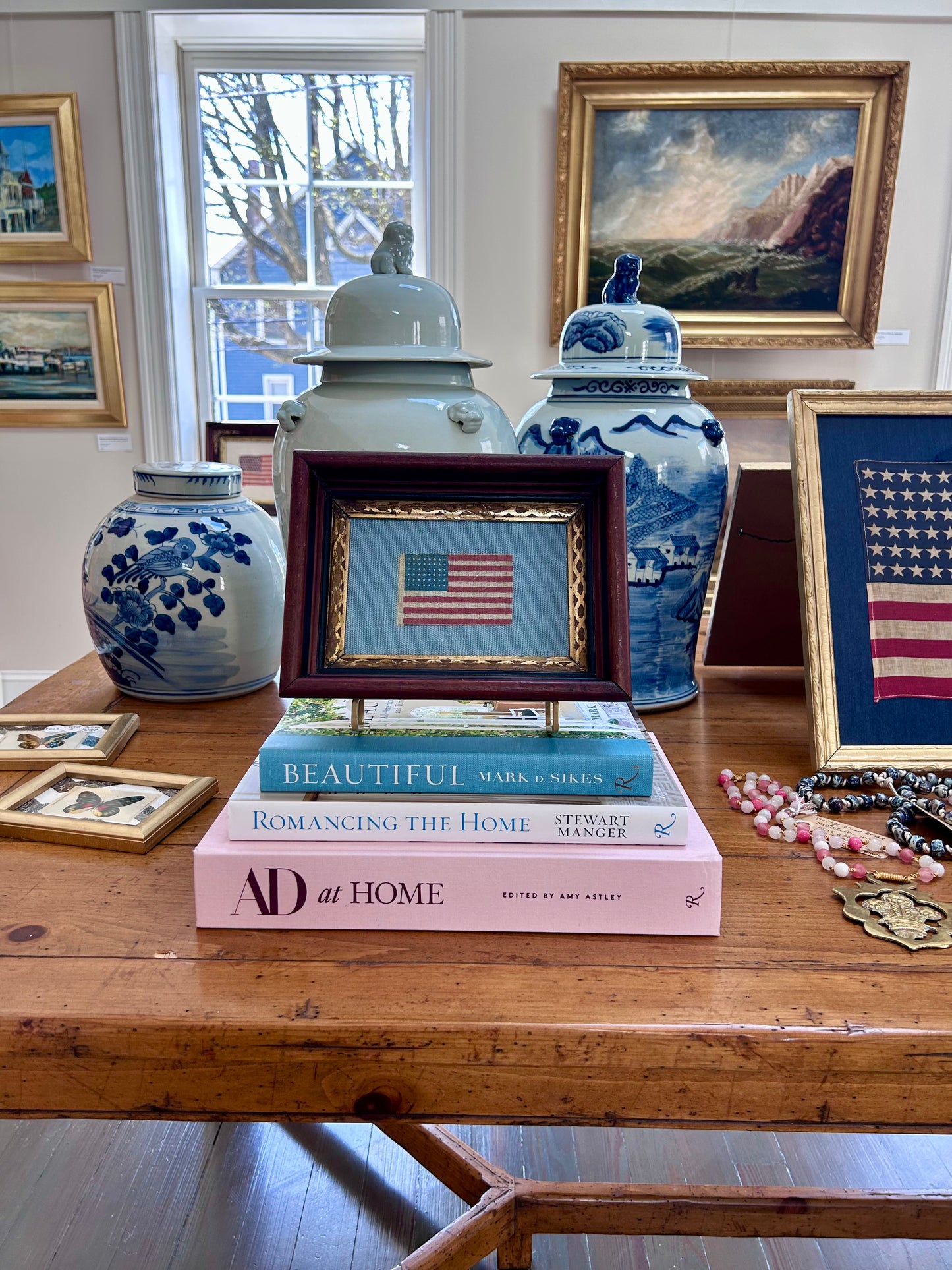 Antique 48 Star Glazed Cotton Parade Flag in 19th Century Deep Walnnut and Gilded Frame