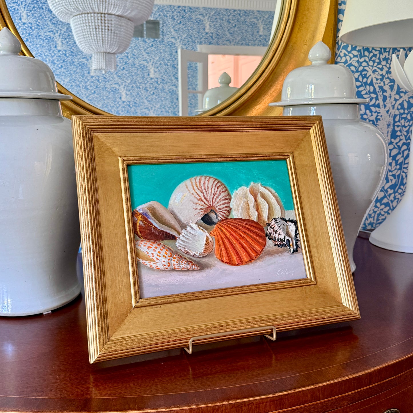 Sheashell Collection on Green Blue Realist Still Life Oil Painting in Gold Frame