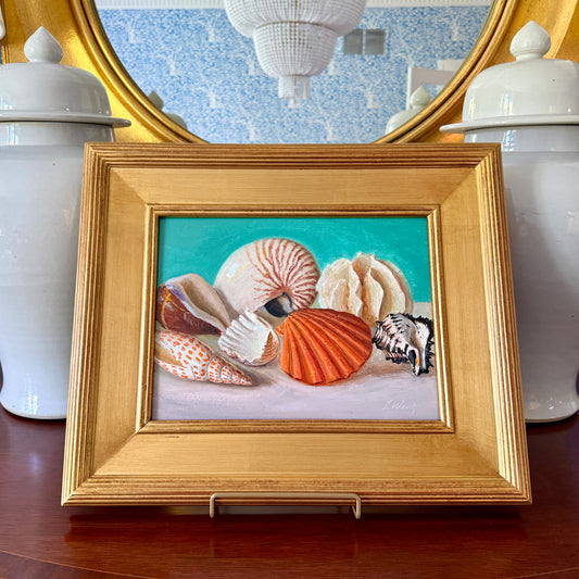 Sheashell Collection on Green Blue Realist Still Life Oil Painting in Gold Frame