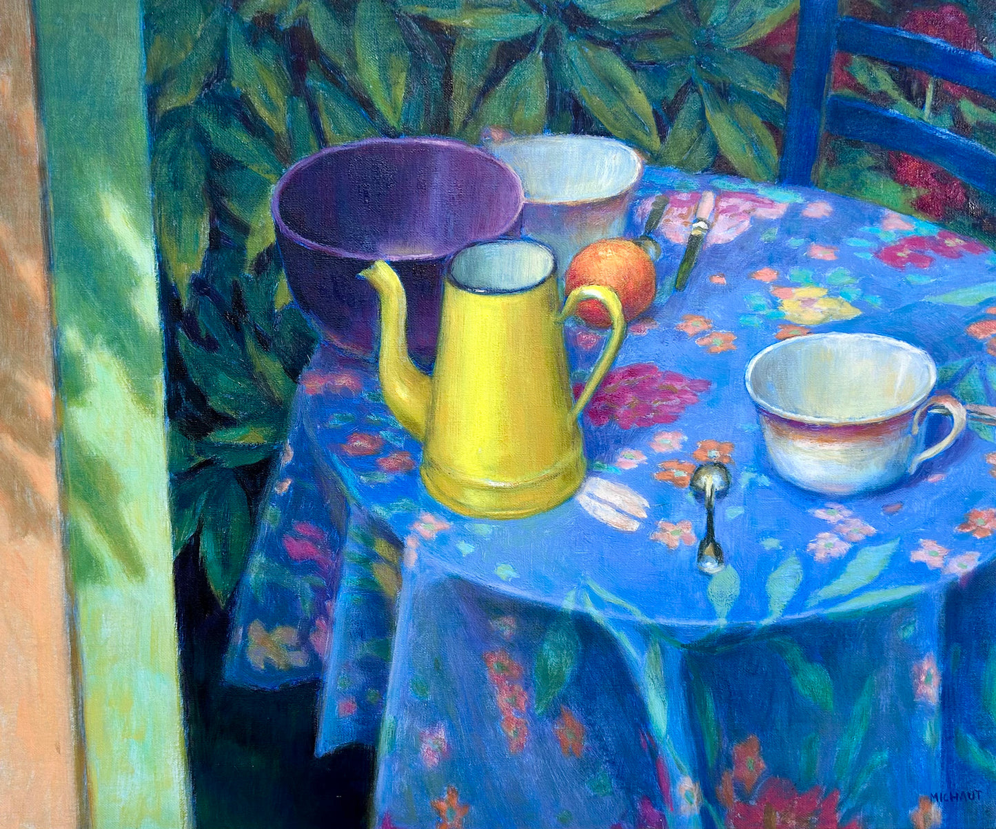 William Michaut Matin Colorful Morning Still Life Oil Painting on Canvas in Gold Frame