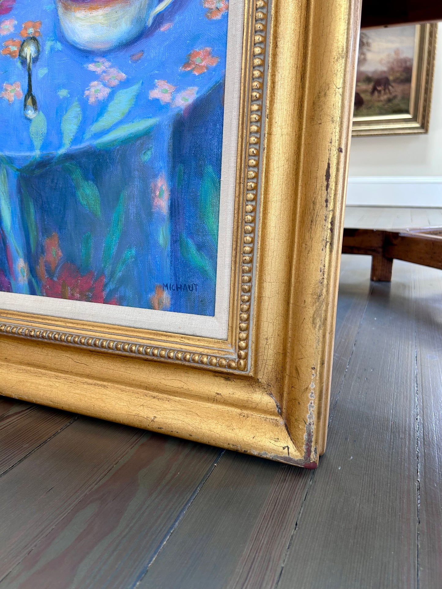 William Michaut Matin Colorful Morning Still Life Oil Painting on Canvas in Gold Frame
