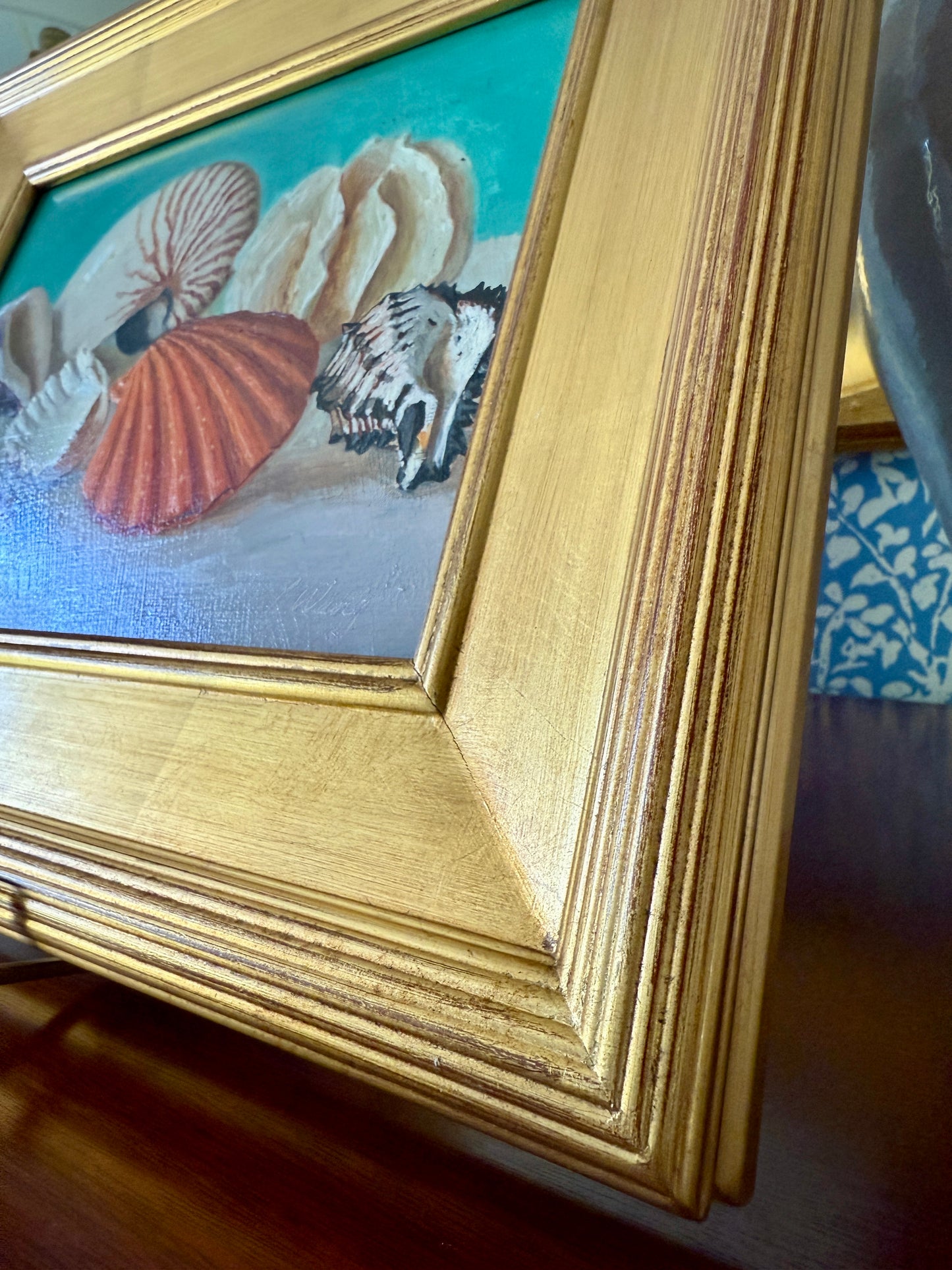 Sheashell Collection on Green Blue Realist Still Life Oil Painting in Gold Frame