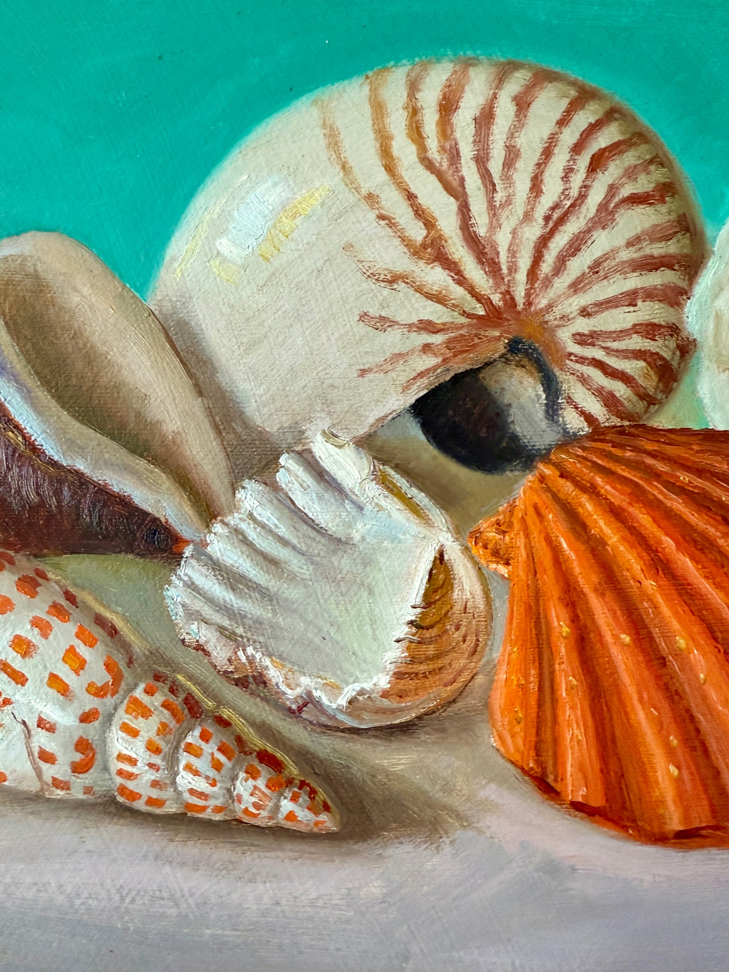 Sheashell Collection on Green Blue Realist Still Life Oil Painting in Gold Frame