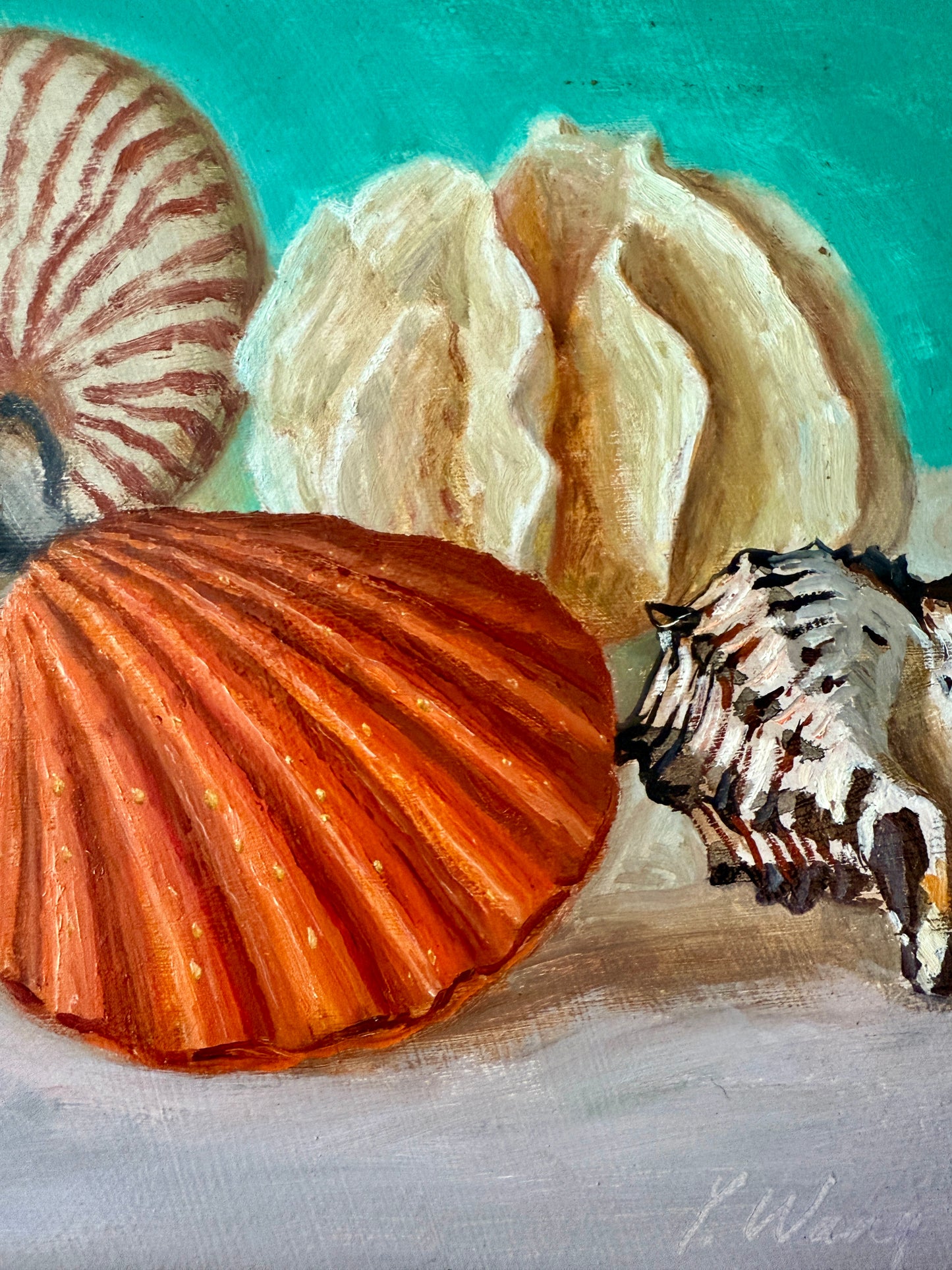 Sheashell Collection on Green Blue Realist Still Life Oil Painting in Gold Frame