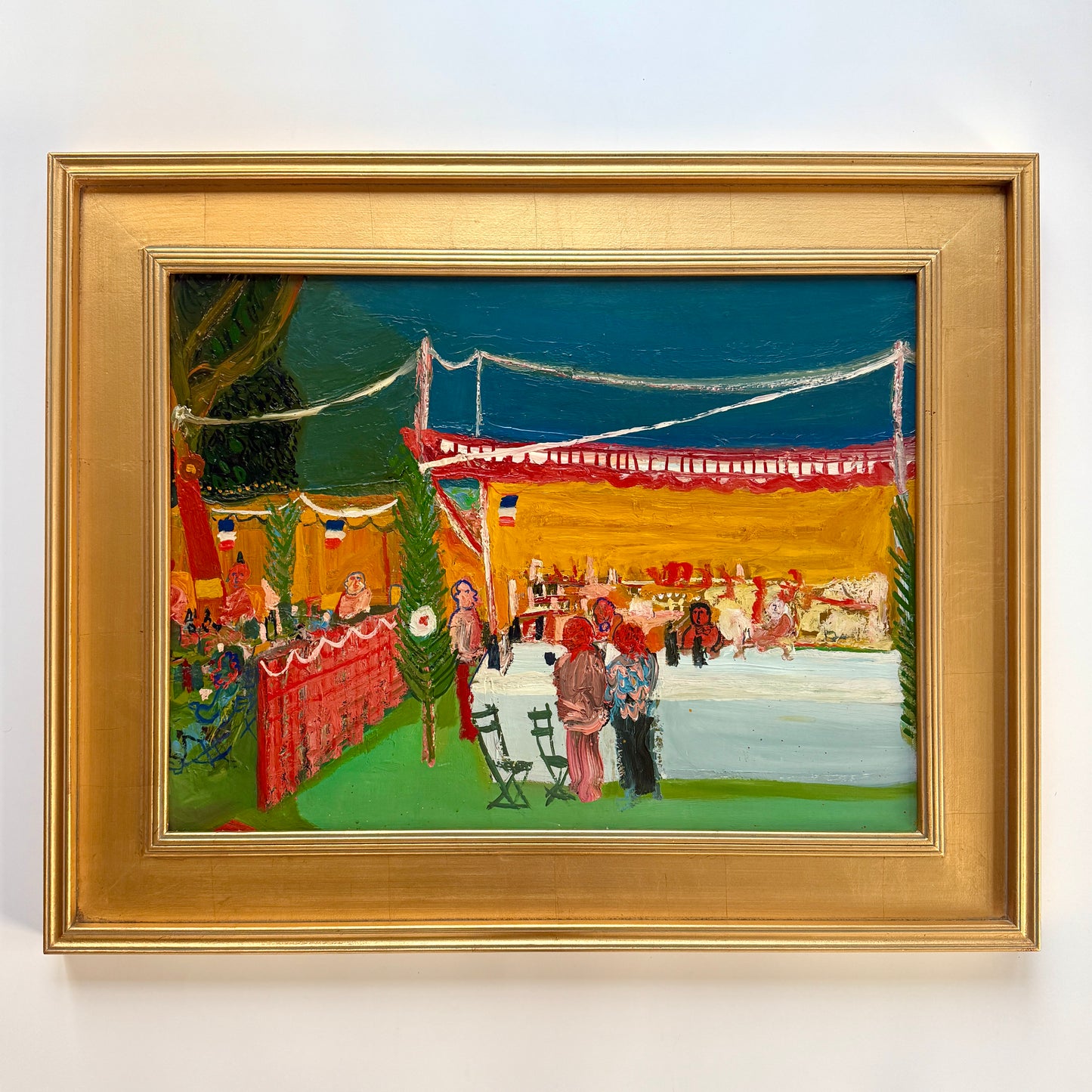 Mid Century French Garden Party Oil Painting in Gold Frame