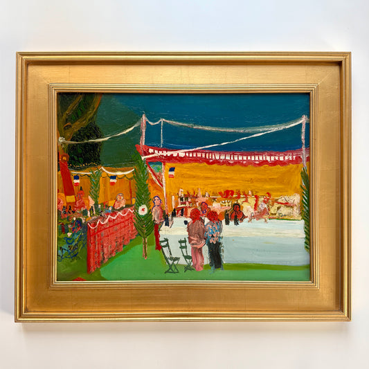 Mid Century French Garden Party Oil Painting in Gold Frame