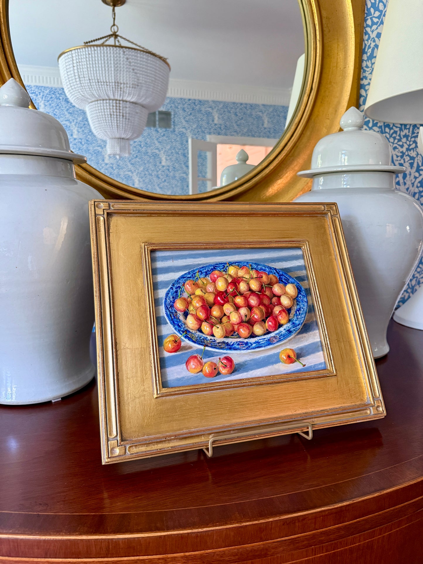 Rainier Cherries in Blue and White Bowl on Striped Tablecloth in Gold Frame