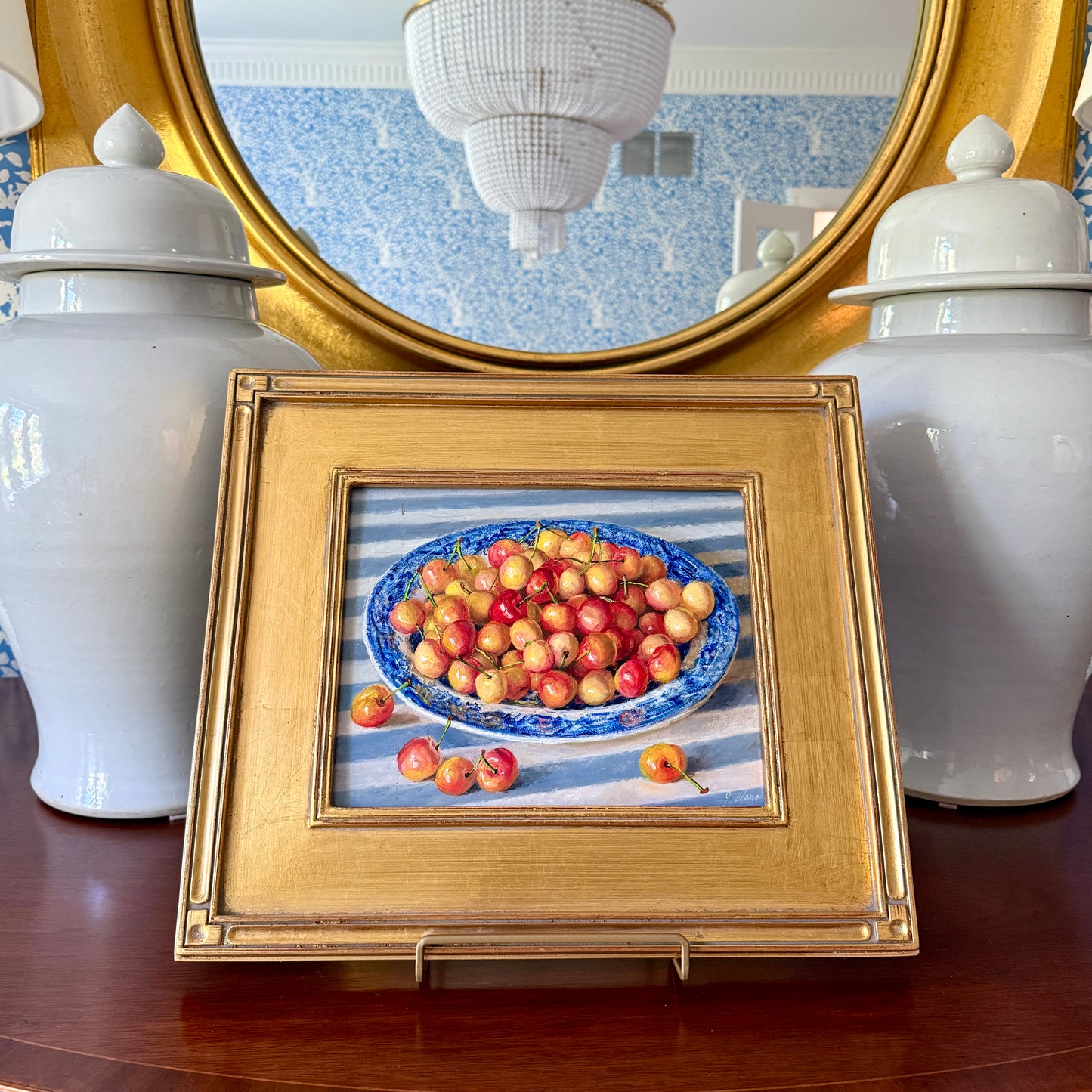 Rainier Cherries in Blue and White Bowl on Striped Tablecloth in Gold Frame