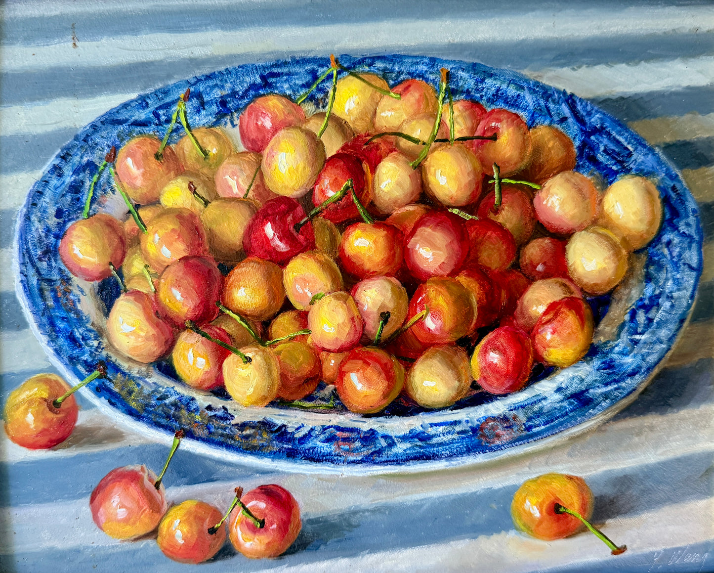 Rainier Cherries in Blue and White Bowl on Striped Tablecloth in Gold Frame