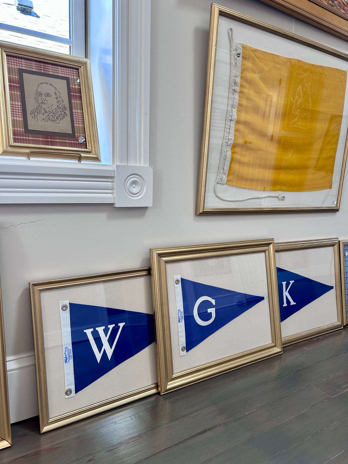 Vintage Navy Canvas "G" Burgee Nautical Flag on Ivory Duck Cloth in Gold Frame