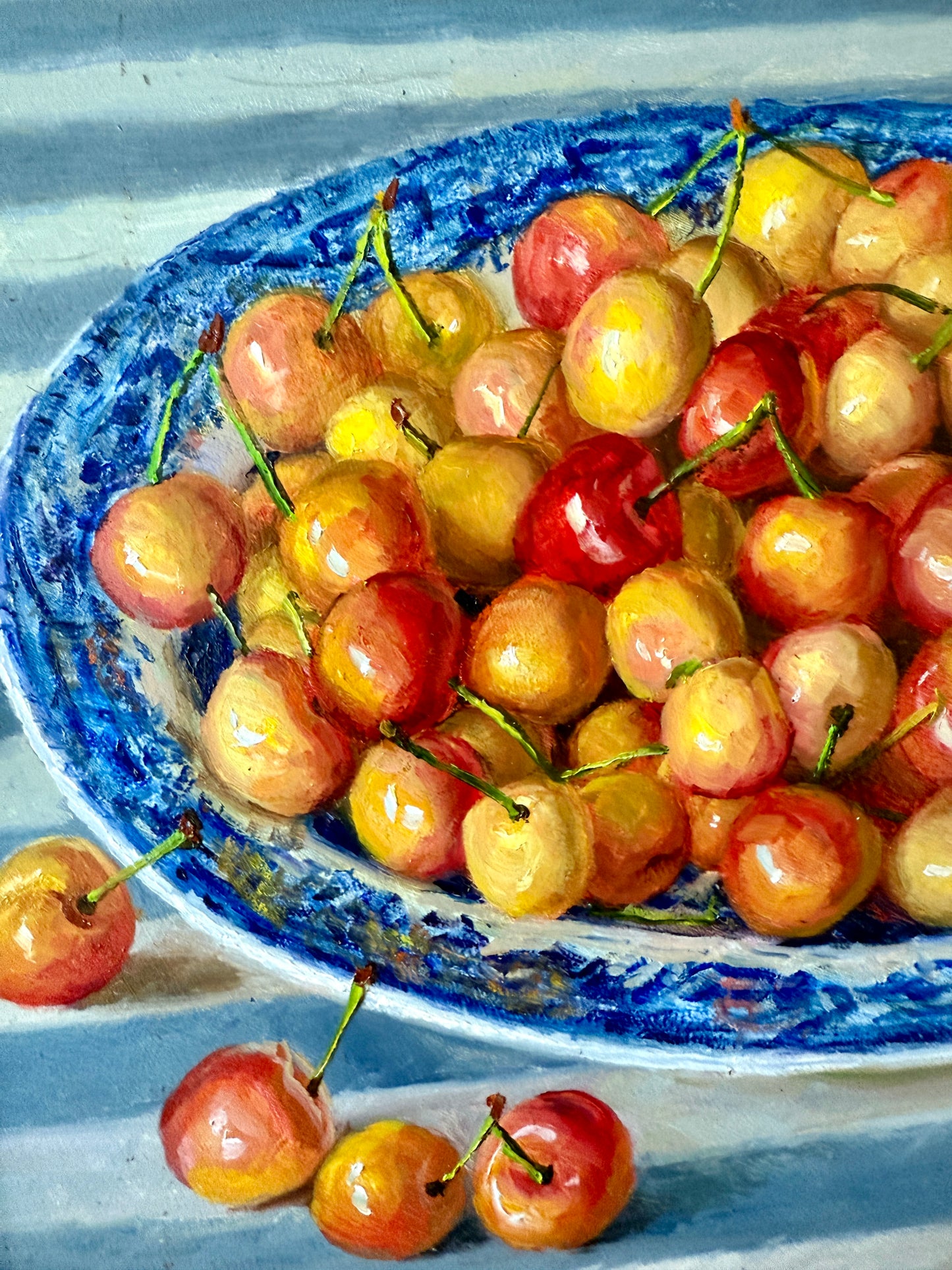 Rainier Cherries in Blue and White Bowl on Striped Tablecloth in Gold Frame