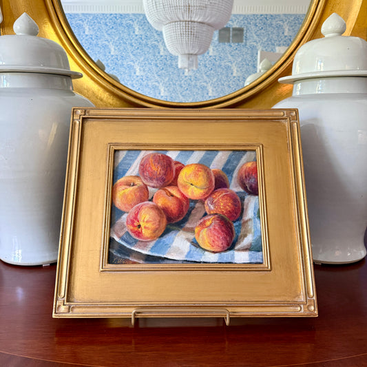 Summer Peaches on Blue and White Striped Tablecloth in Gold Frame