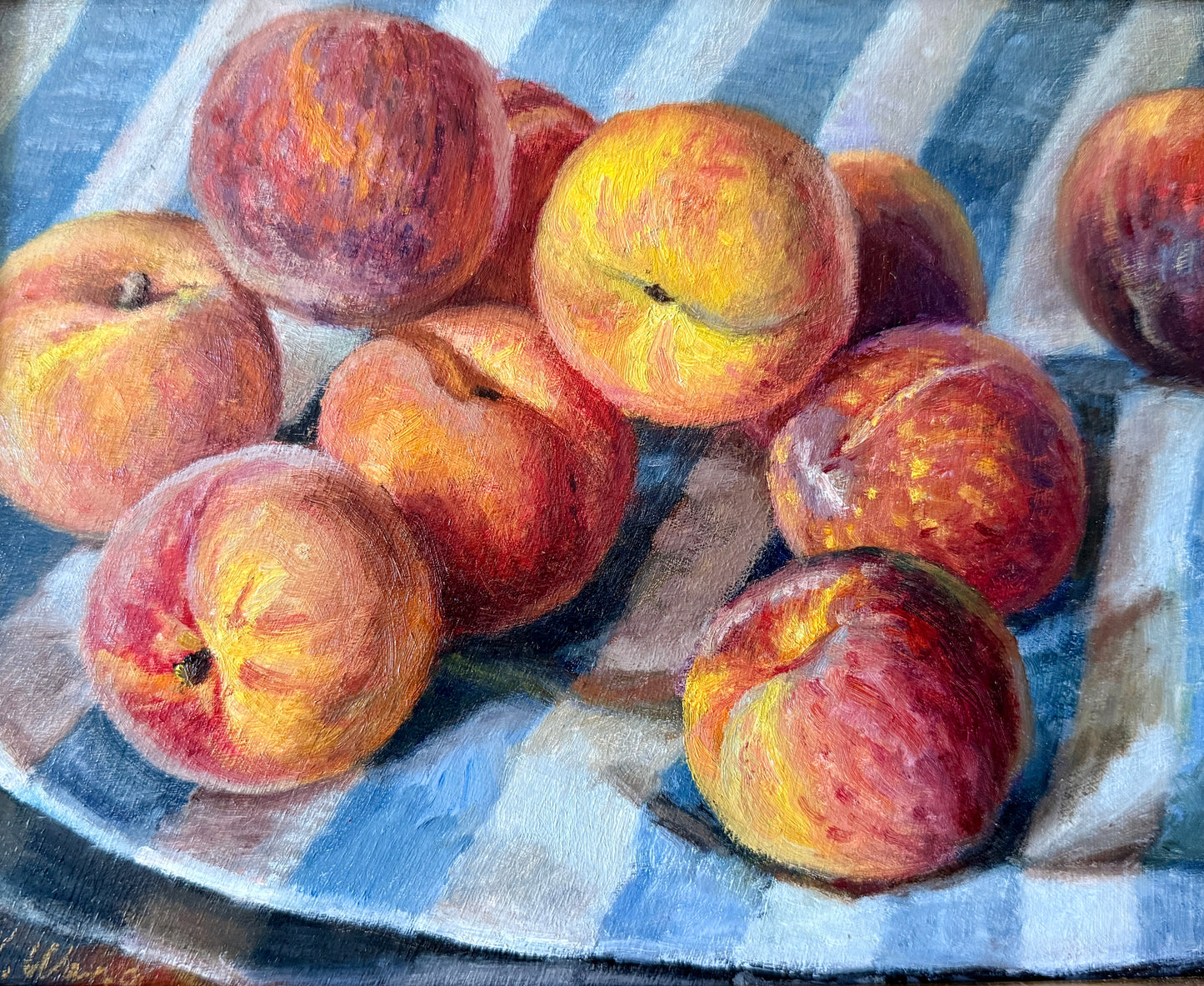 Summer Peaches on Blue and White Striped Tablecloth in Gold Frame