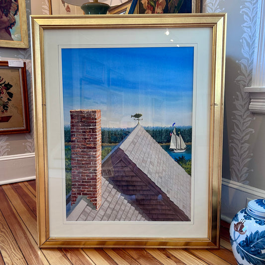 Thomas Newman Rooftop View, Maine Seascape Watercolor Painting in Gold Frame