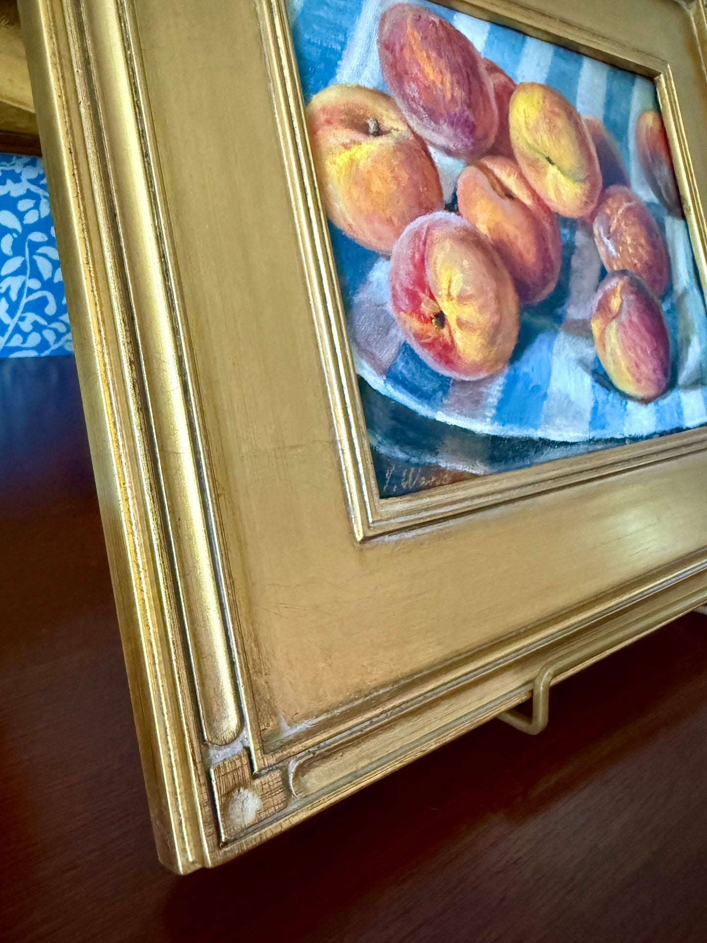 Summer Peaches on Blue and White Striped Tablecloth in Gold Frame