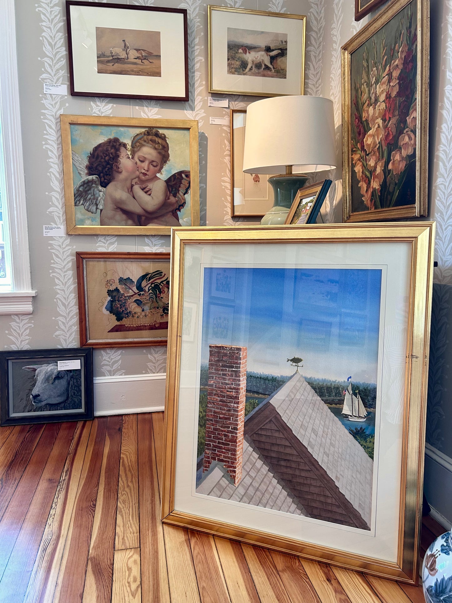 Thomas Newman Rooftop View, Maine Seascape Watercolor Painting in Gold Frame
