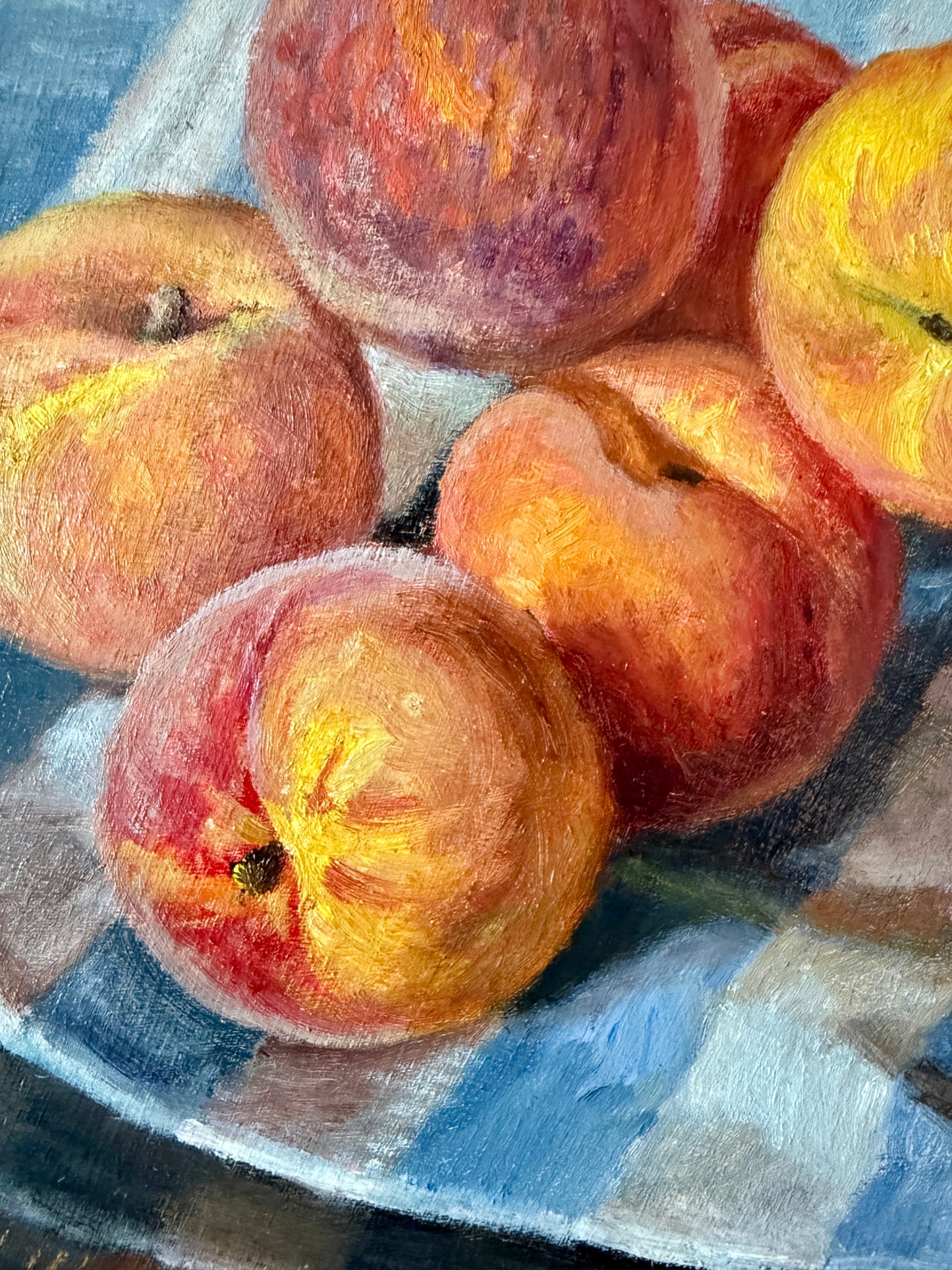Summer Peaches on Blue and White Striped Tablecloth in Gold Frame