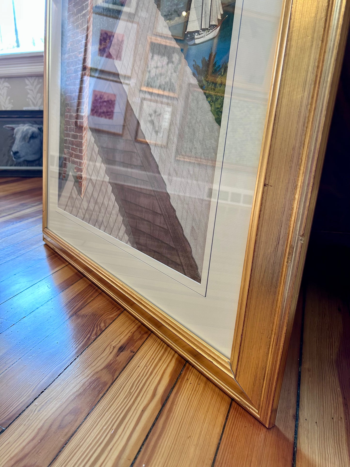 Thomas Newman Rooftop View, Maine Seascape Watercolor Painting in Gold Frame