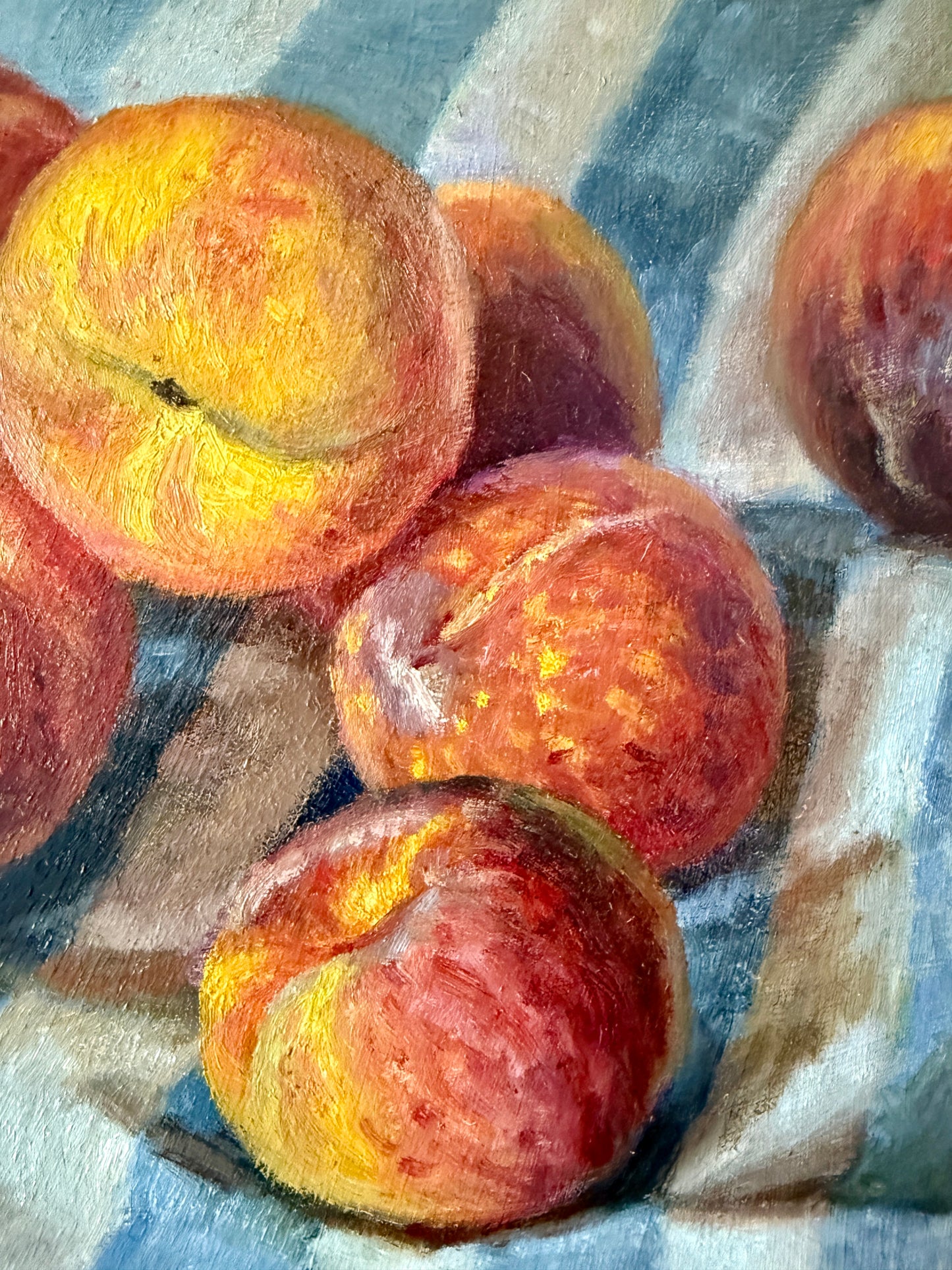 Summer Peaches on Blue and White Striped Tablecloth in Gold Frame