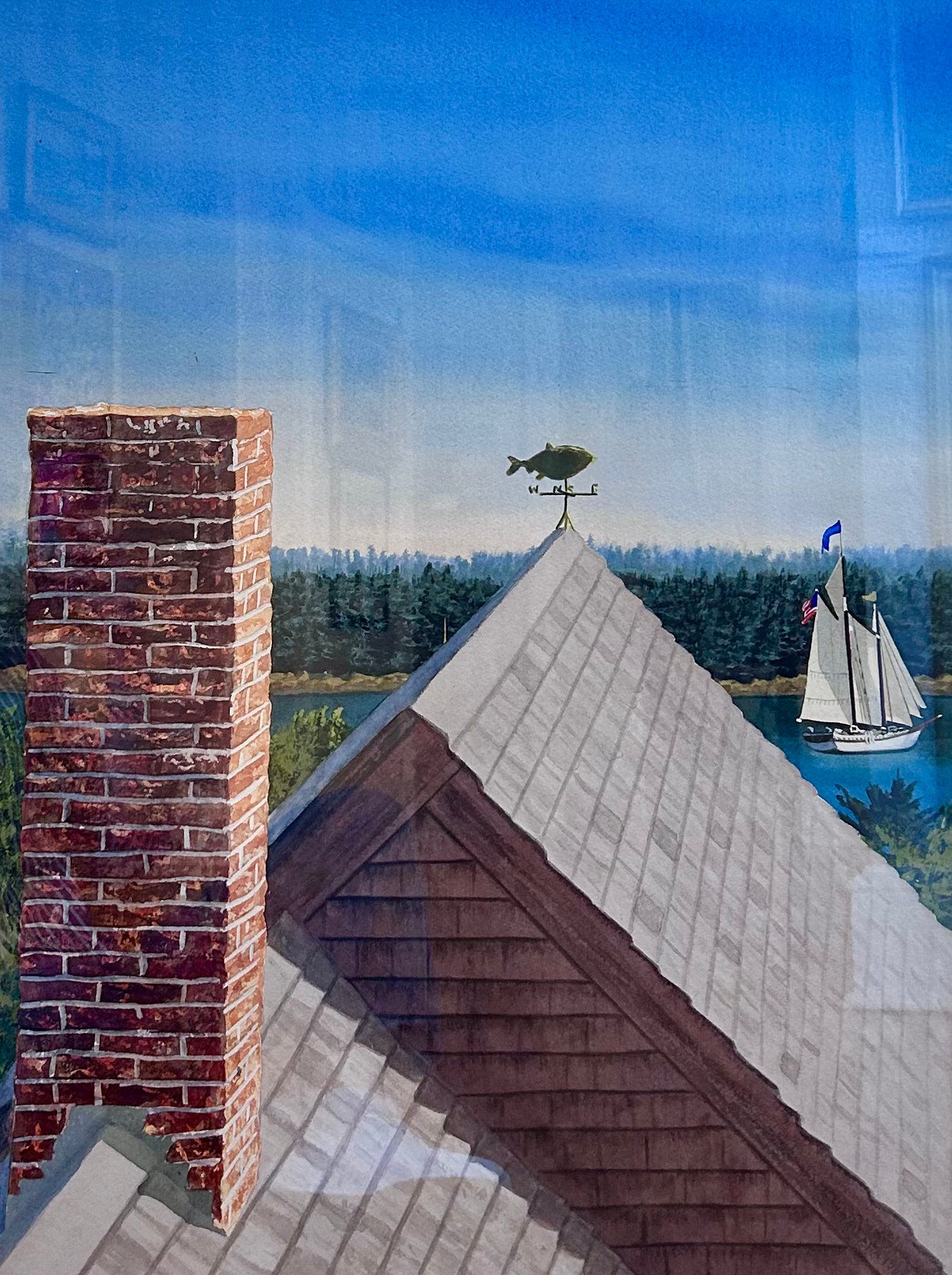Thomas Newman Rooftop View, Maine Seascape Watercolor Painting in Gold Frame