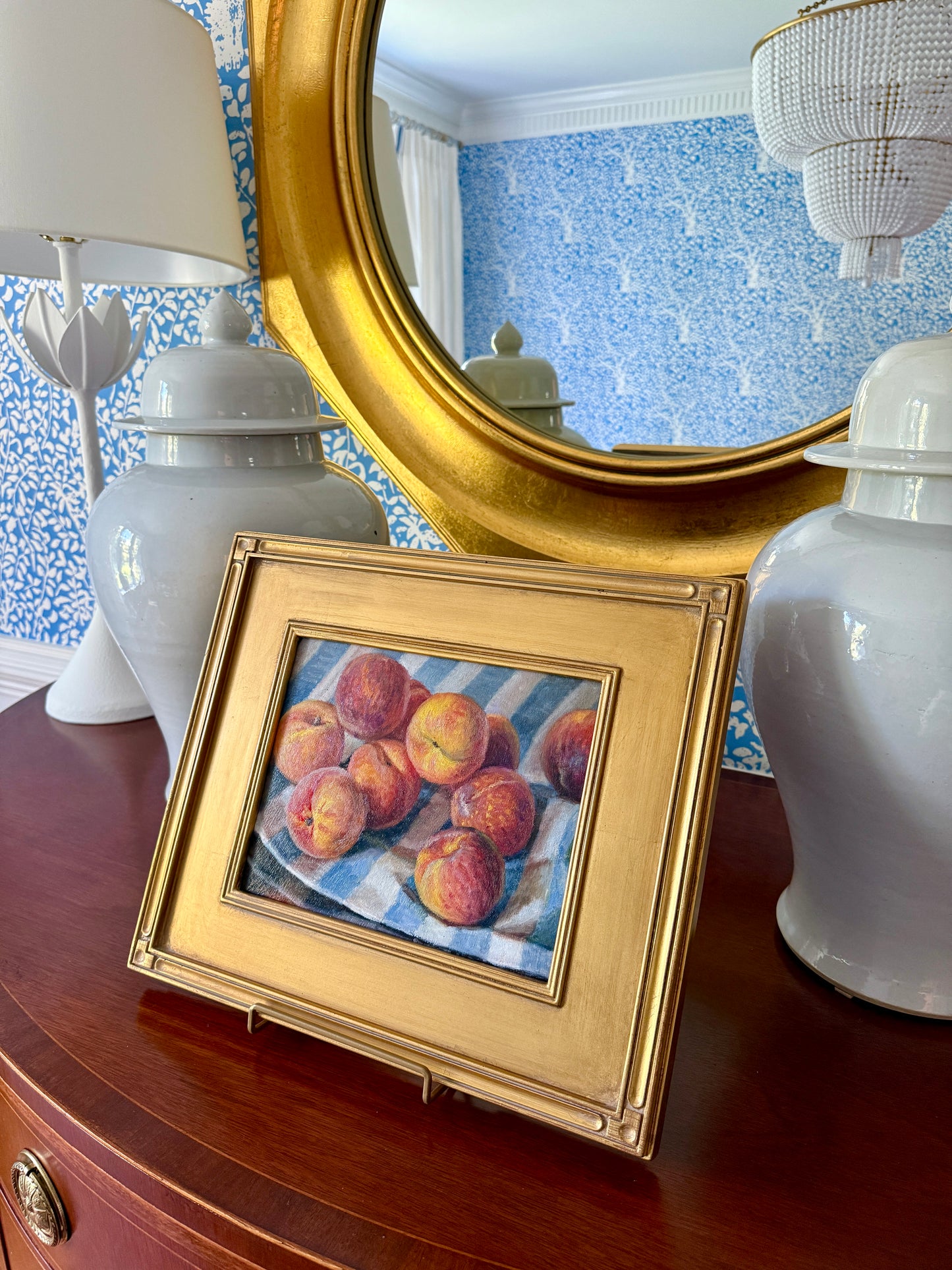Summer Peaches on Blue and White Striped Tablecloth in Gold Frame