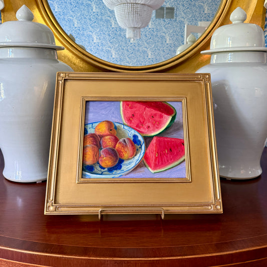 Watermelon and Peaches in Blue and White Bowl on Lavender Oil Painting in Gold Frame
