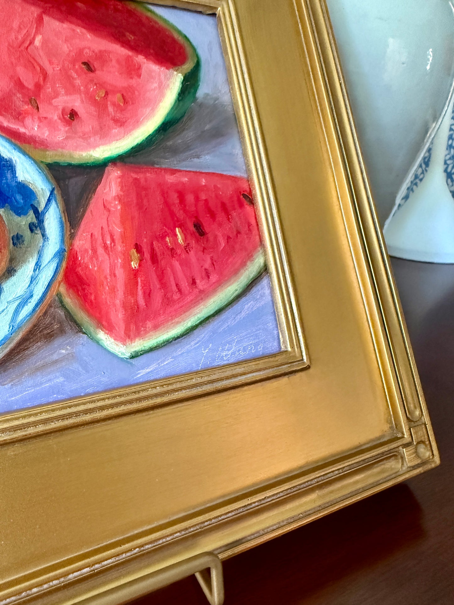 Watermelon and Peaches in Blue and White Bowl on Lavender Oil Painting in Gold Frame