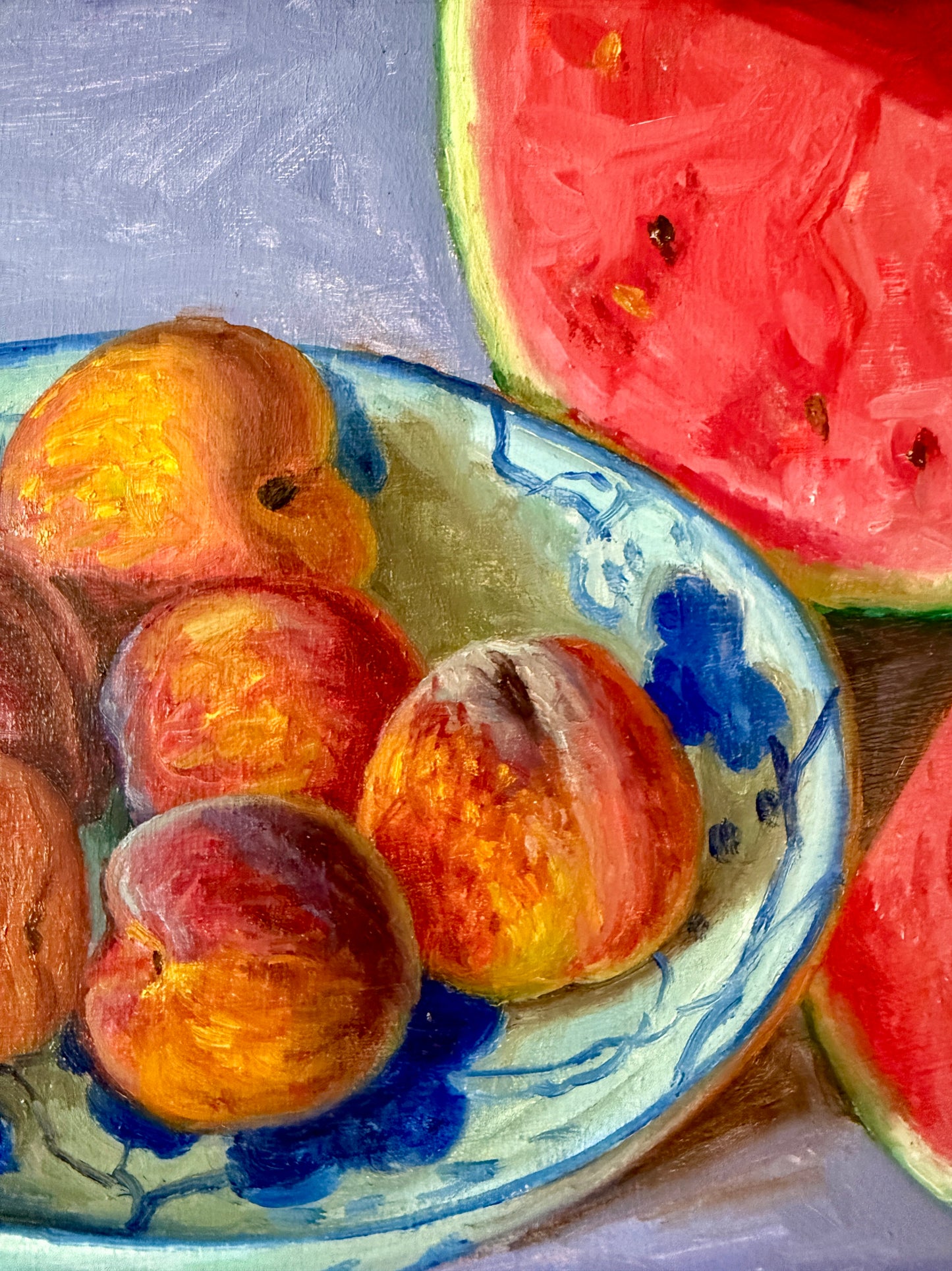 Watermelon and Peaches in Blue and White Bowl on Lavender Oil Painting in Gold Frame
