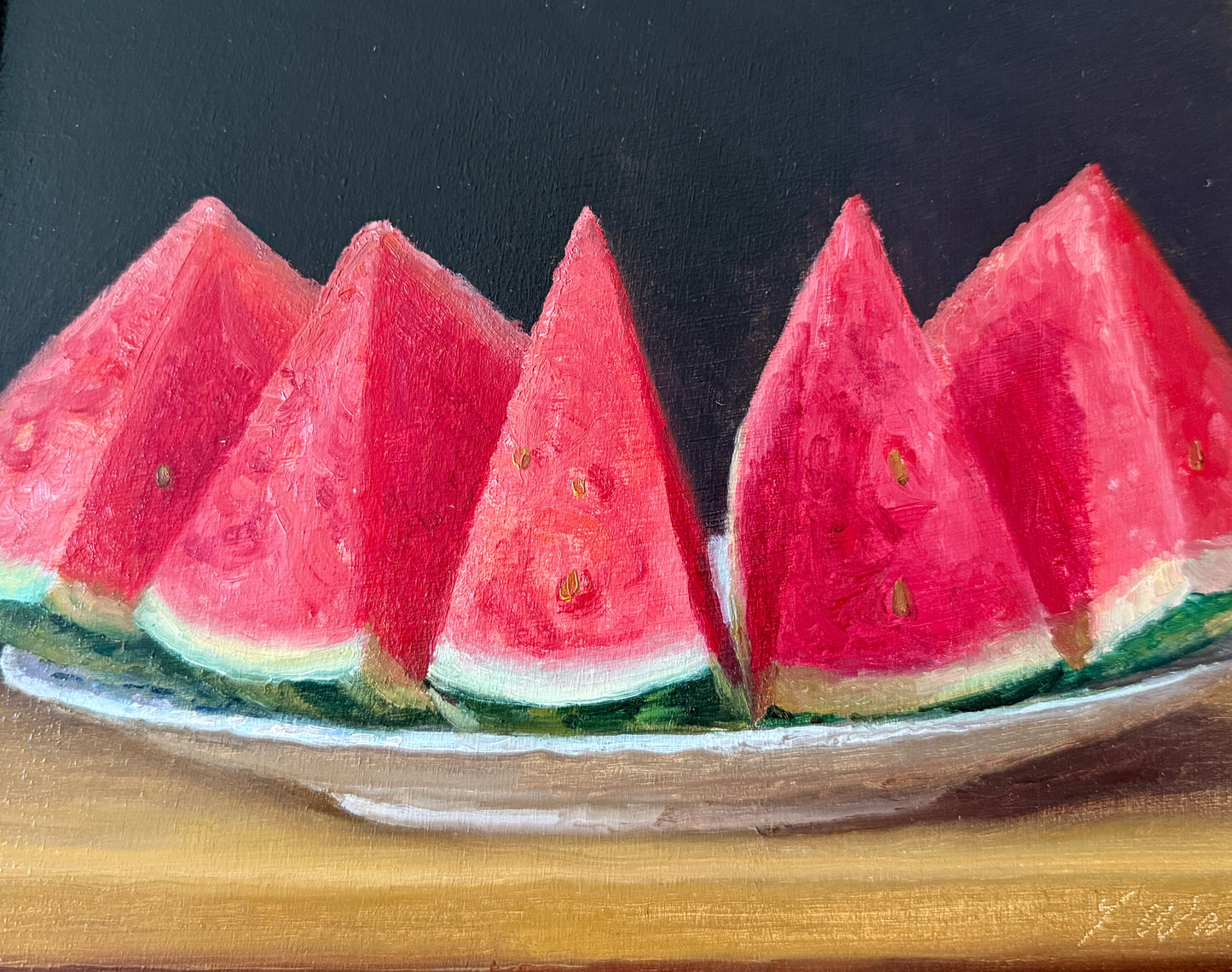 Watermelon Slices Realist Still Life Oil Painting in Gold Frame