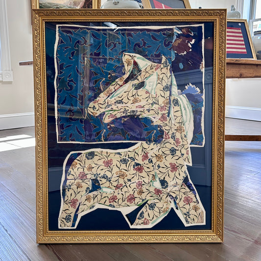 Vintage Horse Portrait II on Liberty of London Fabric Watercolor in Gold Frame