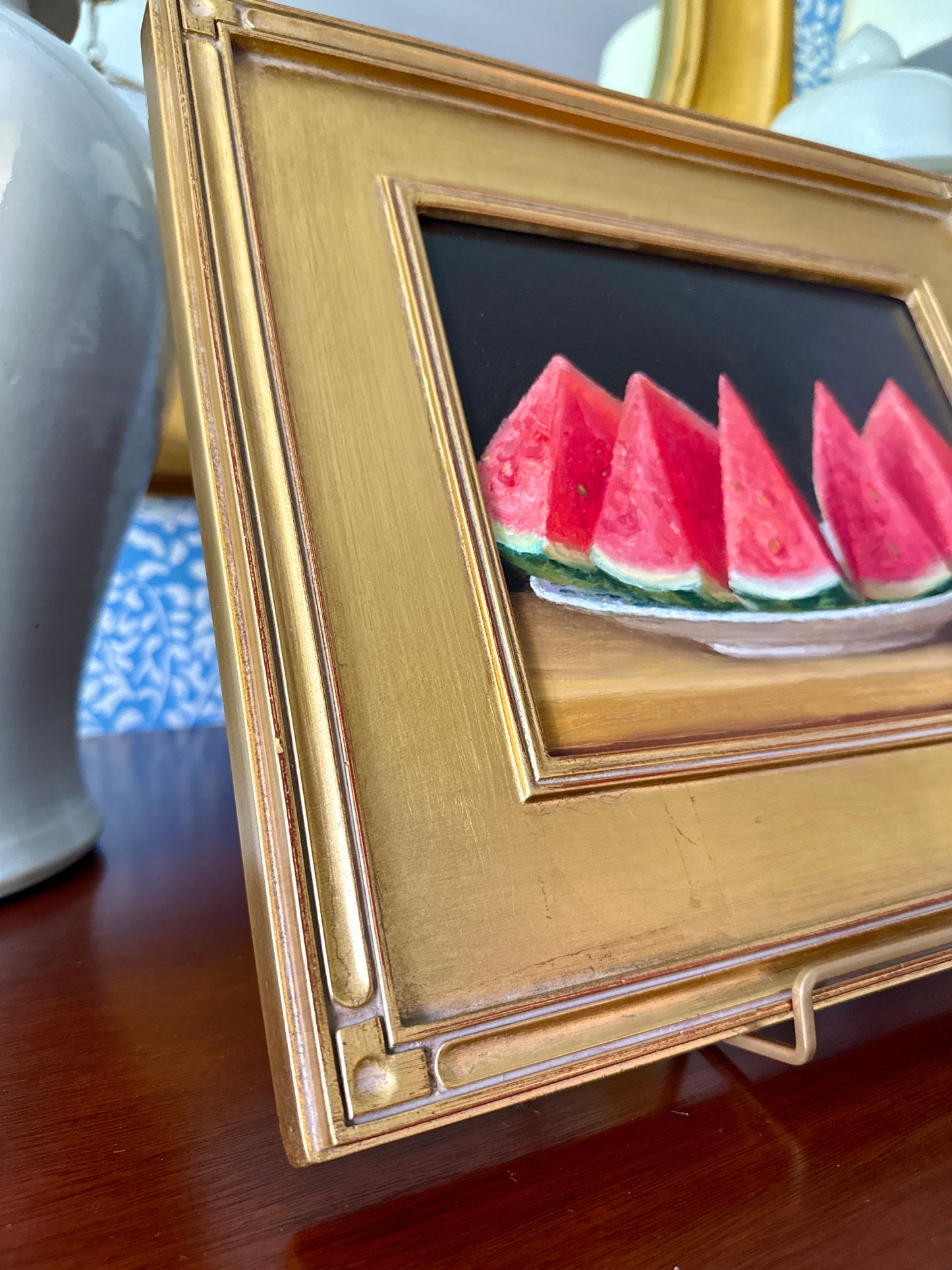 Watermelon Slices Realist Still Life Oil Painting in Gold Frame