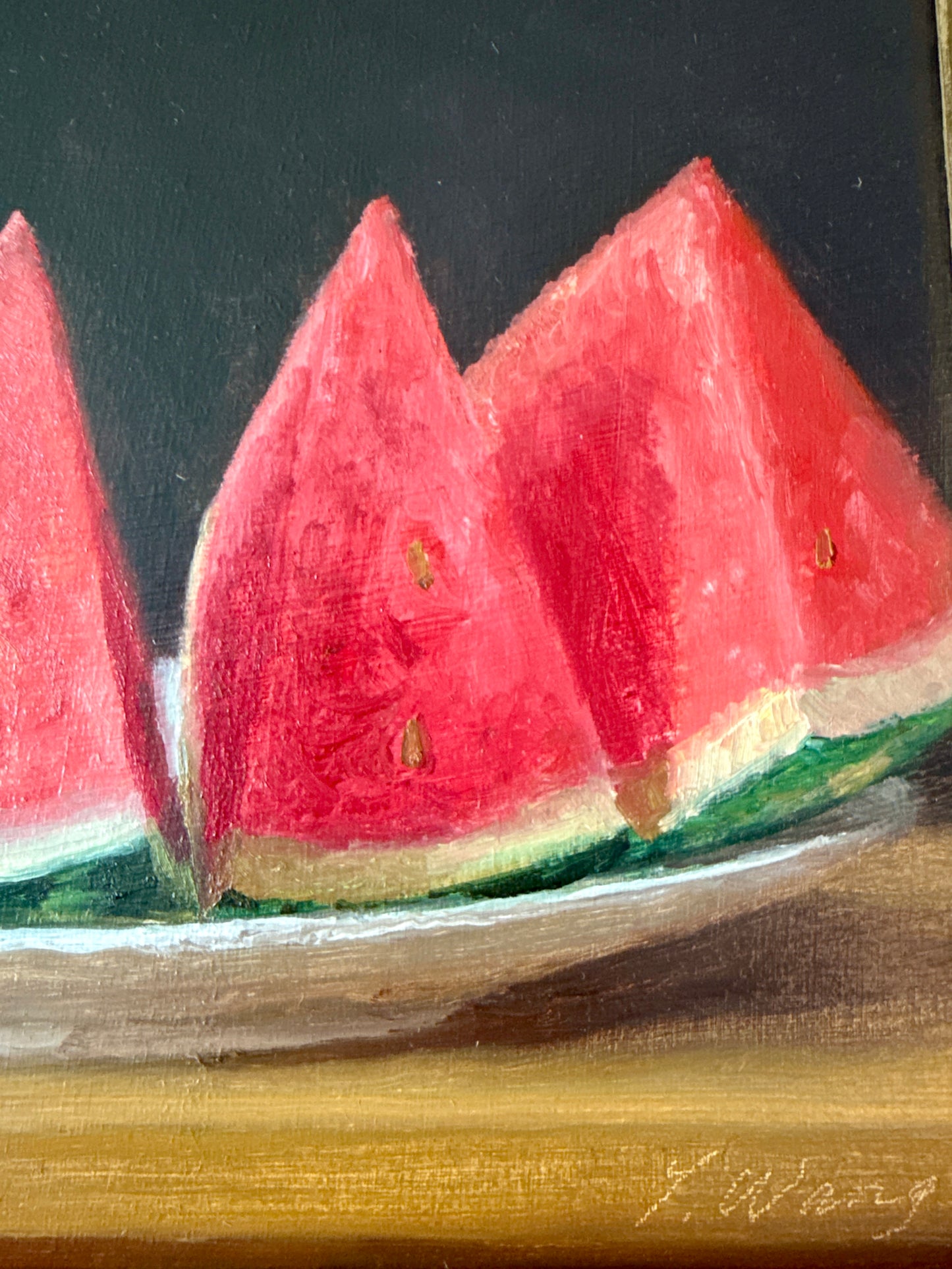 Watermelon Slices Realist Still Life Oil Painting in Gold Frame