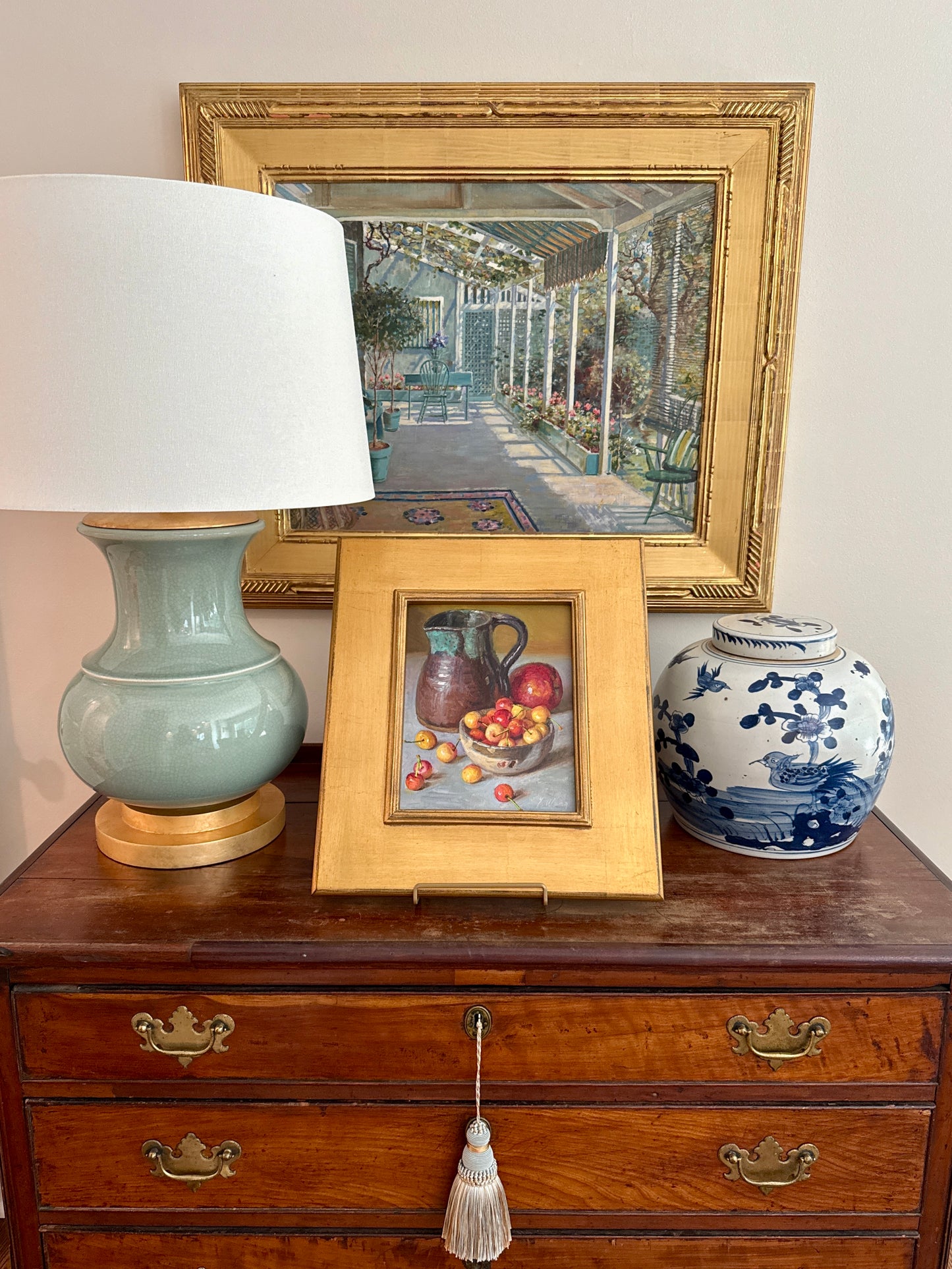 Rainier Cherries in Silver Bowl with Stoneware Pitcher and Apple Realist Still Life Oil Painting in Gold Frame