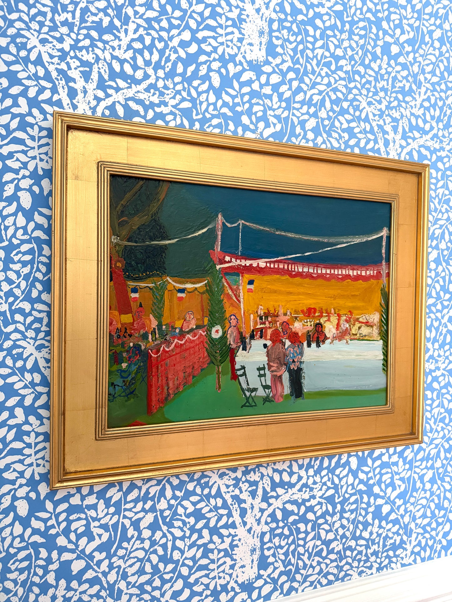 Mid Century French Garden Party Oil Painting in Gold Frame
