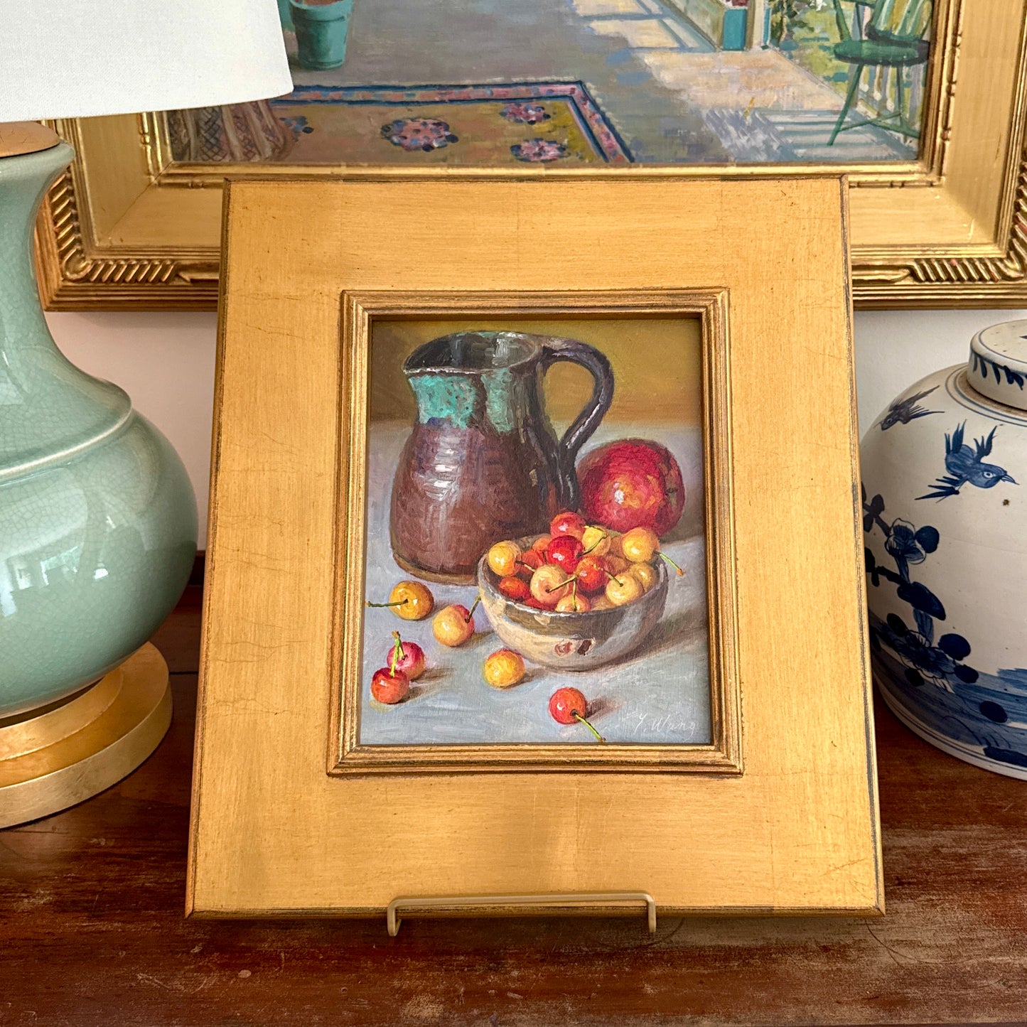 Rainier Cherries in Silver Bowl with Stoneware Pitcher and Apple Realist Still Life Oil Painting in Gold Frame