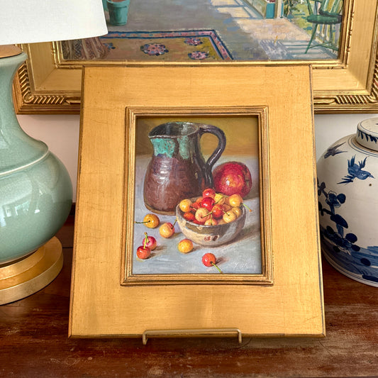 Rainier Cherries in Silver Bowl with Stoneware Pitcher and Apple Realist Still Life Oil Painting in Gold Frame
